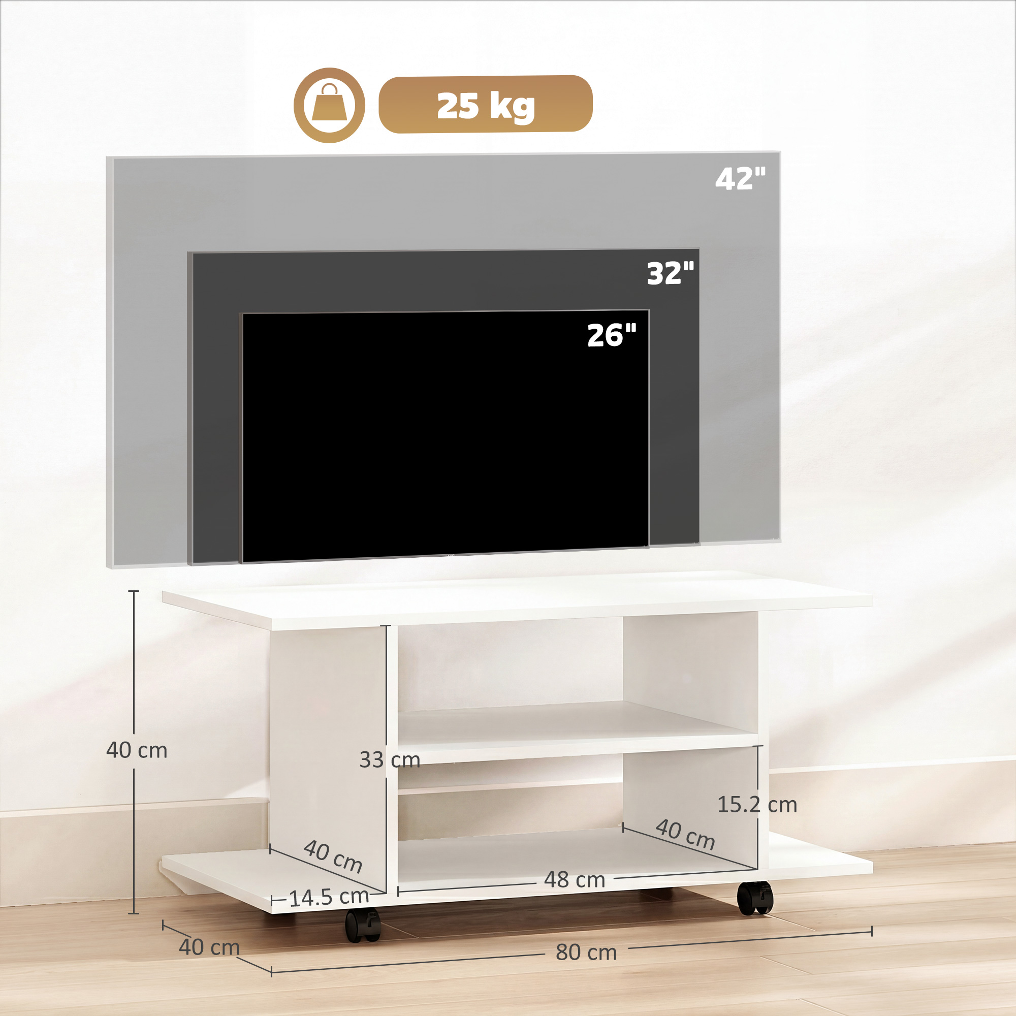 Un mobile TV bianco con dimensioni e varie misure TV.