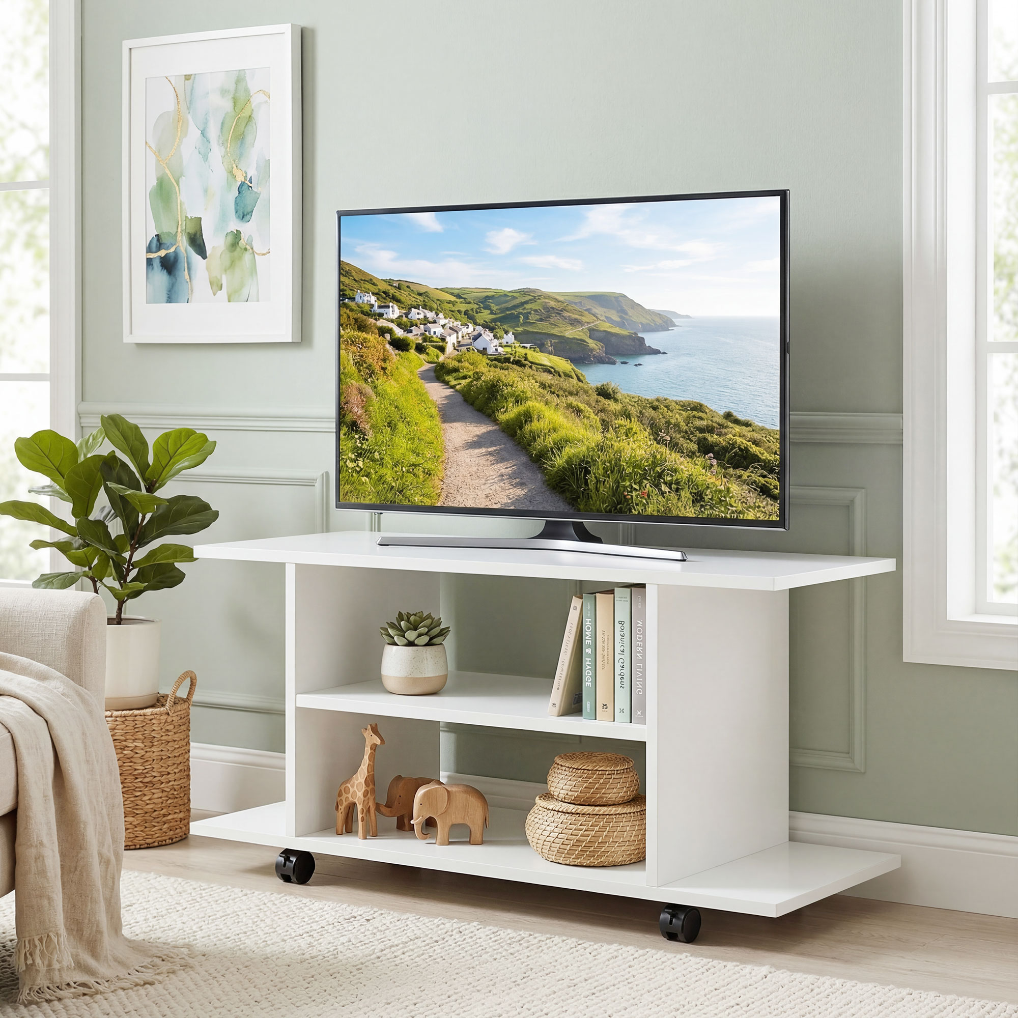 Un mobile TV bianco con TV a schermo piatto che mostra un paesaggio costiero.
