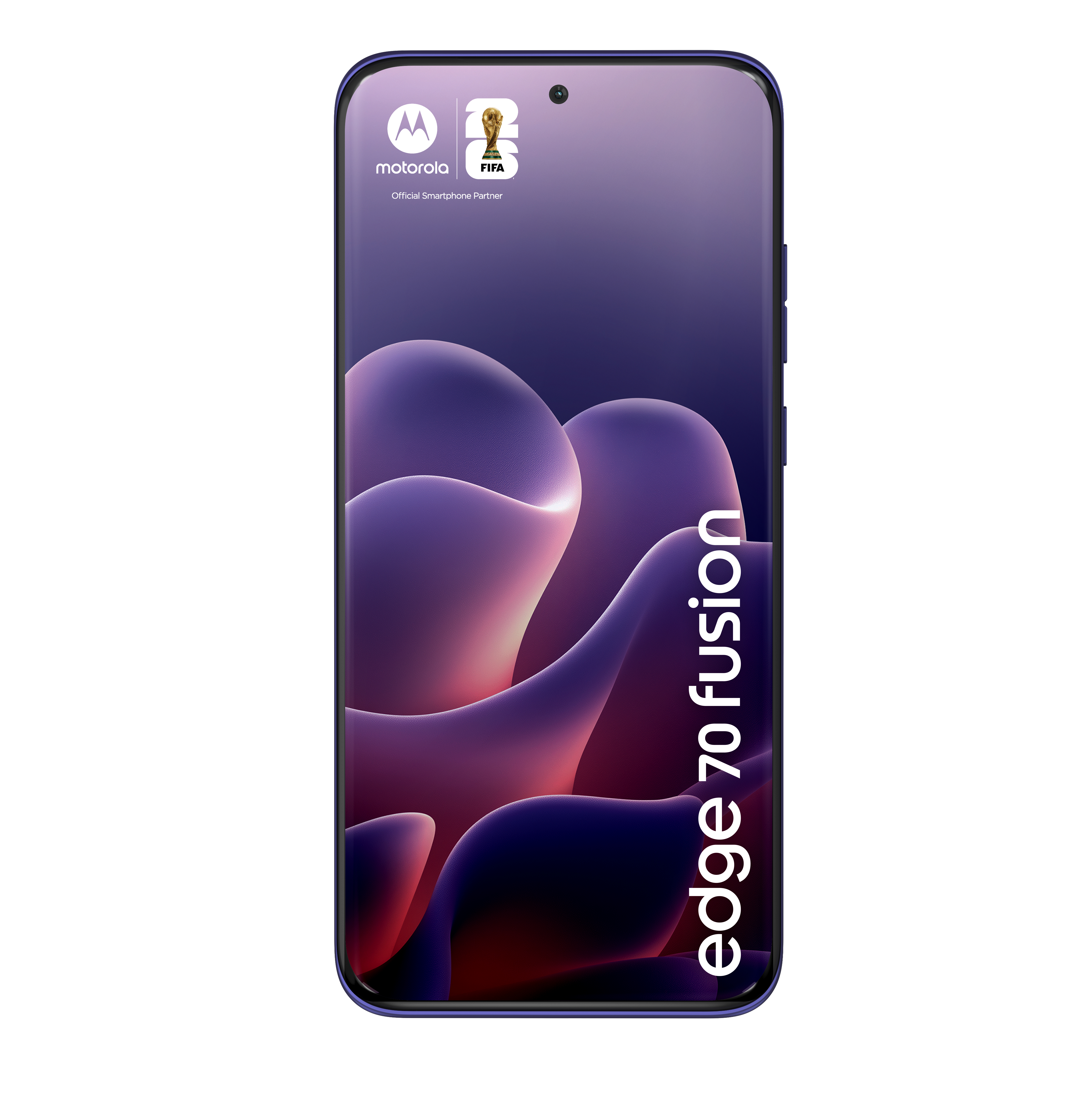 Ein violettes Motorola Edge 70 Fusion Smartphone mit FIFA-Logo und abstrakten Formen.