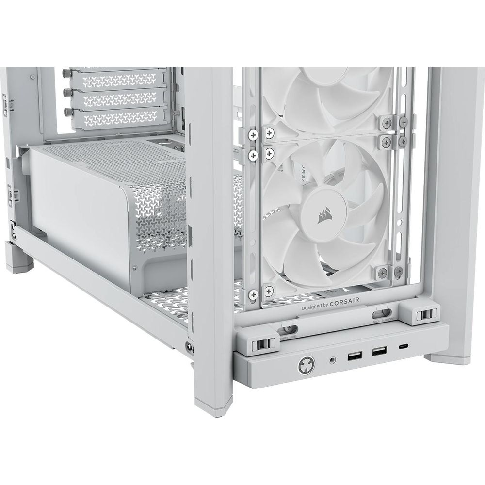 Una caja de PC blanca con ventiladores y puertos.