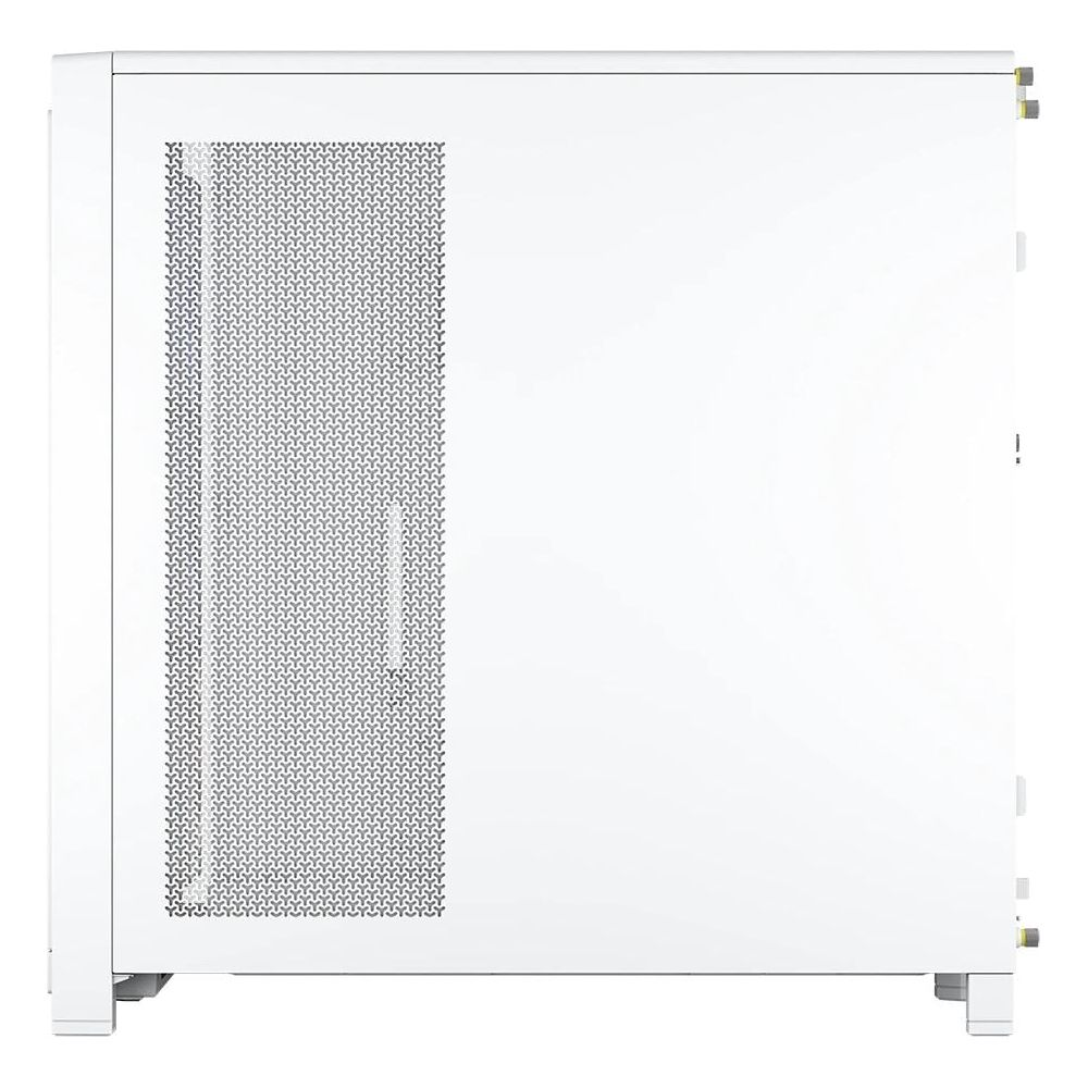 Una caja de ordenador blanca con panel lateral perforado y asa.