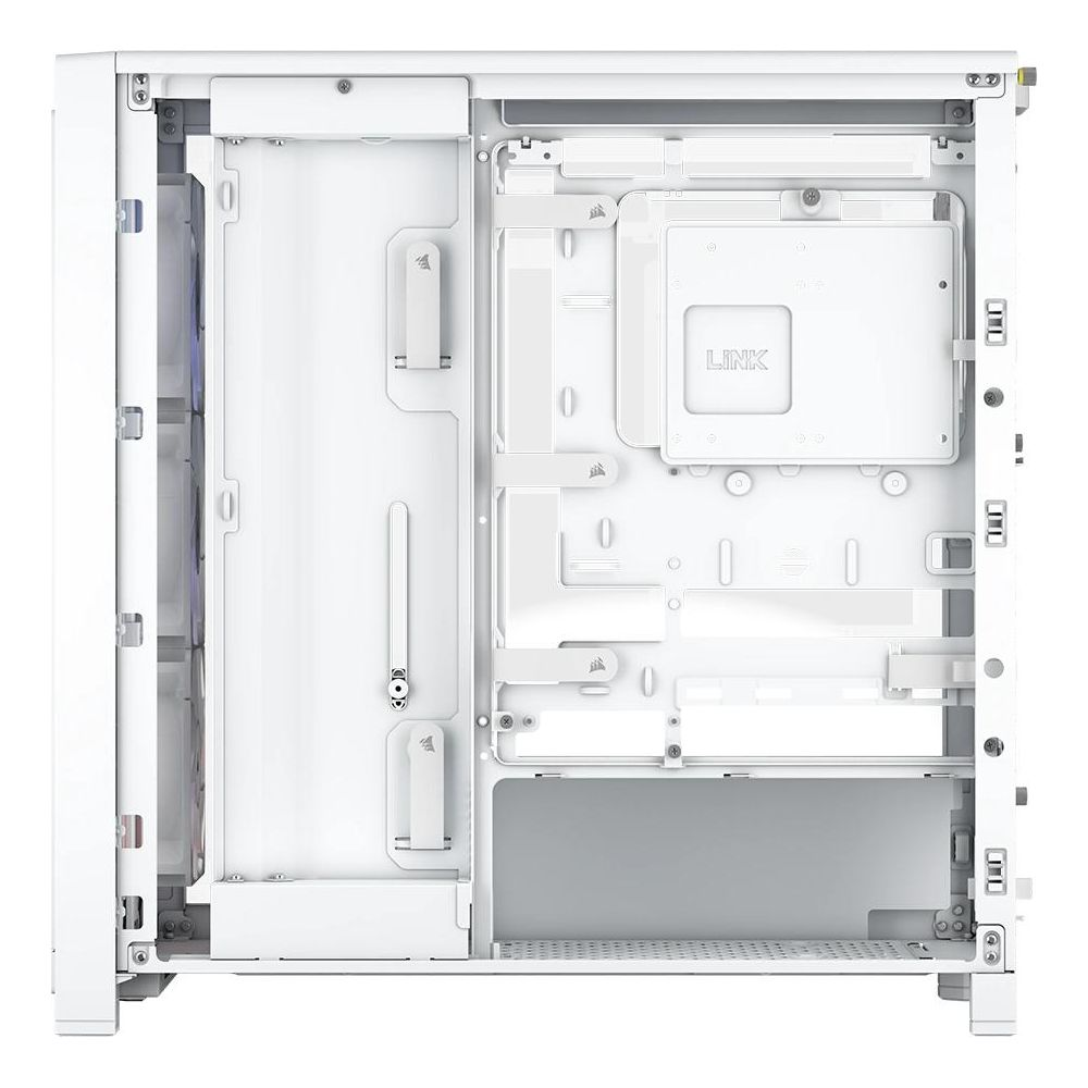 Caja blanca de ordenador con panel lateral abierto, mostrando componentes internos y ventiladores.