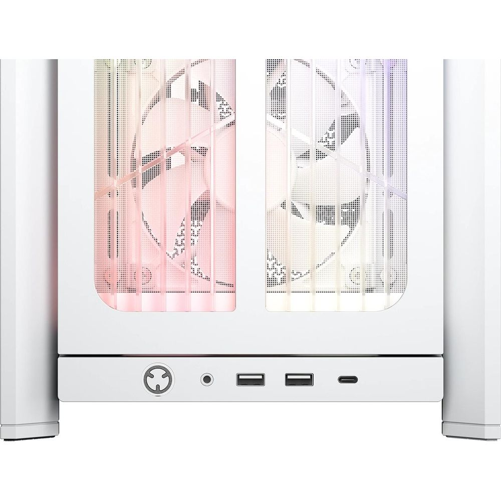Caja de ordenador blanca con dos ventiladores RGB y puertos frontales.