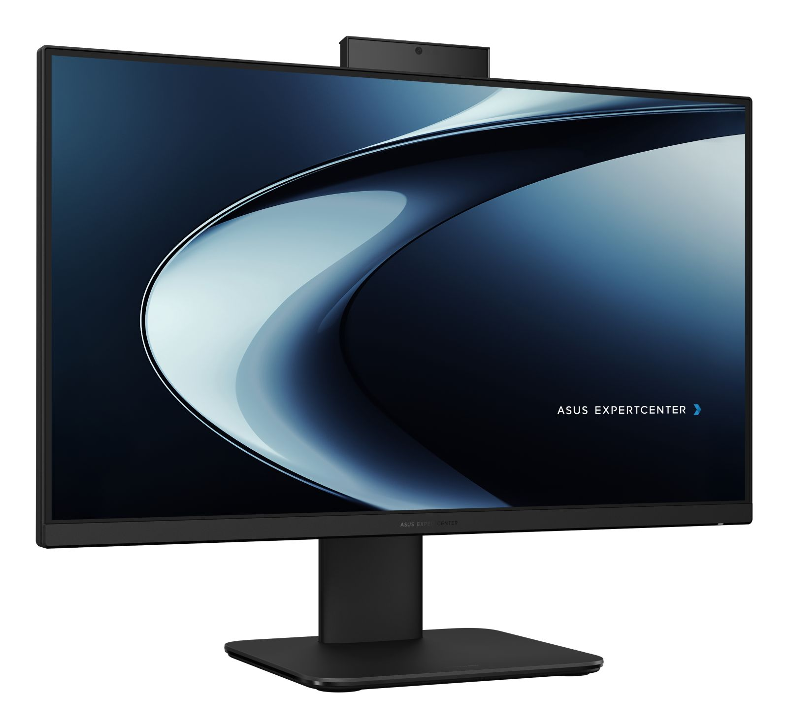 Monitor nero Asus ExpertCenter con webcam in alto, su sfondo bianco.