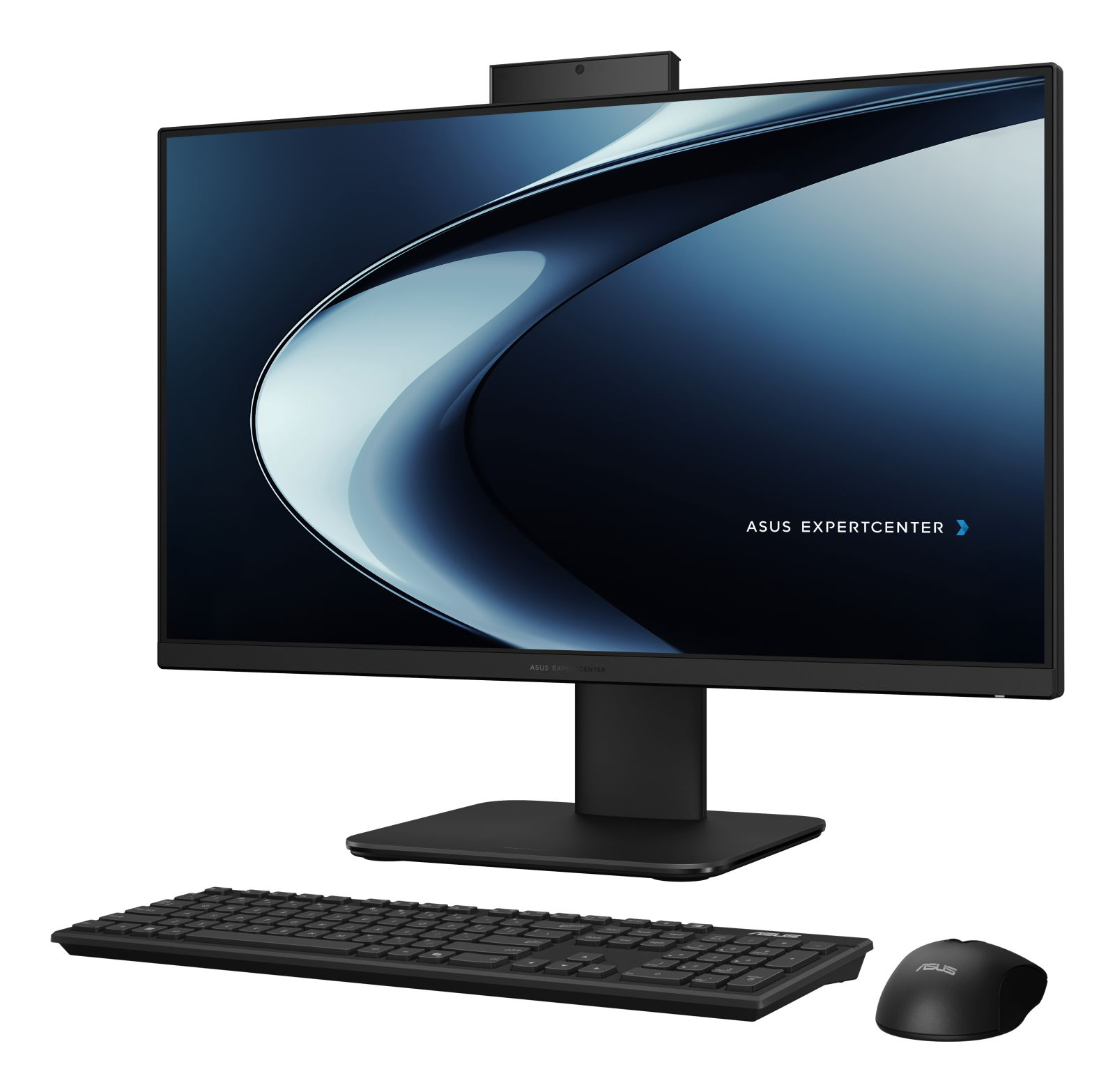 Un computer all-in-one nero con tastiera e mouse su sfondo bianco.