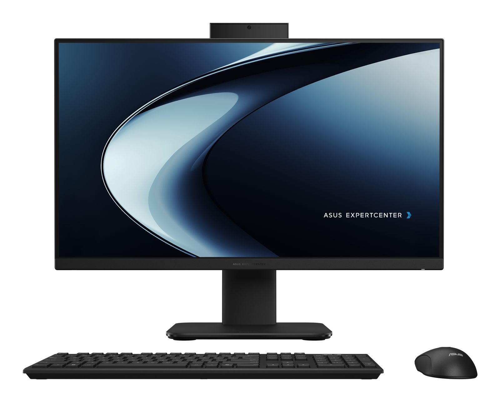 Un computer all-in-one nero con tastiera e mouse su sfondo bianco.