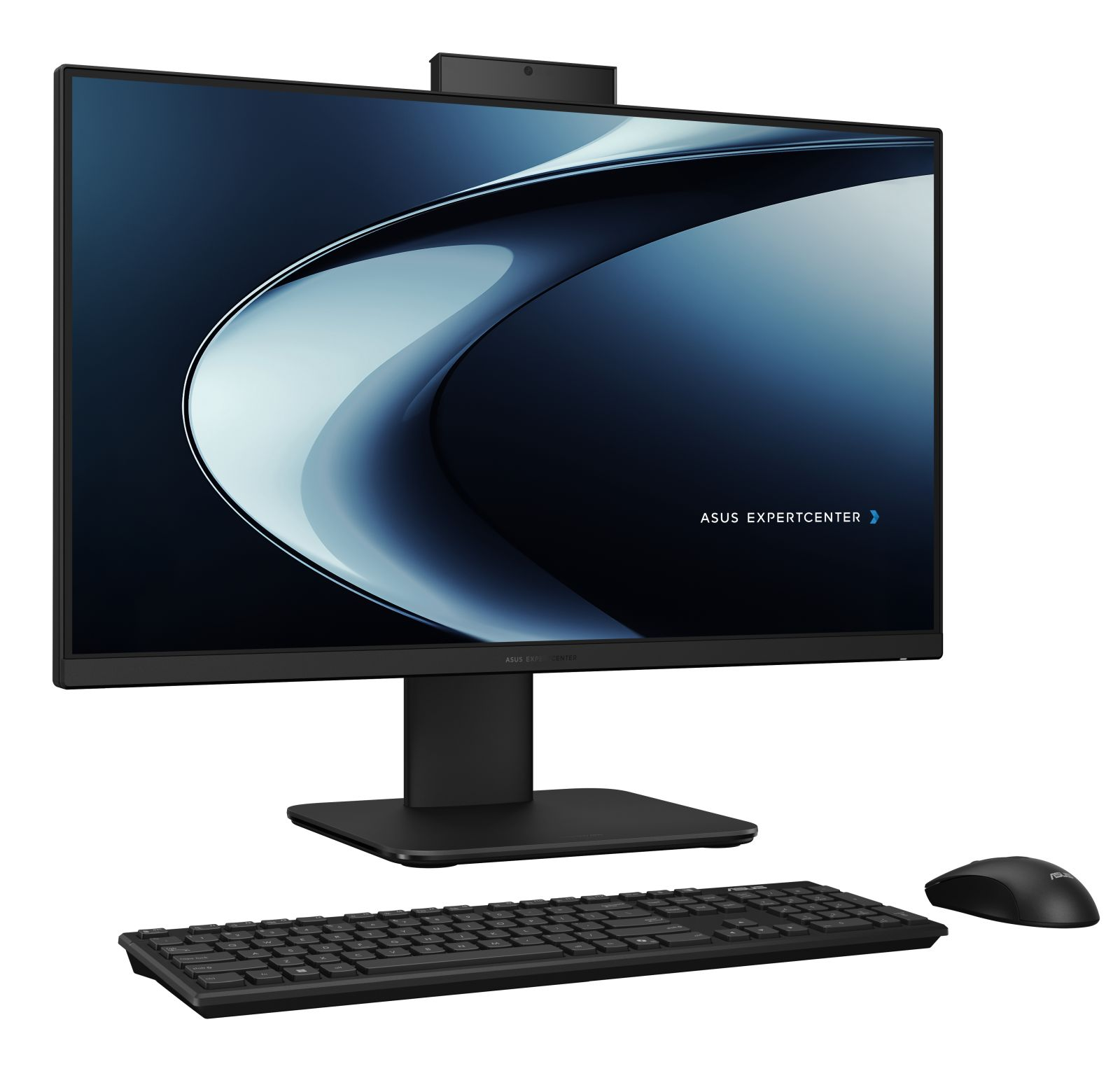Computer Asus all-in-one nero con tastiera e mouse su sfondo bianco.