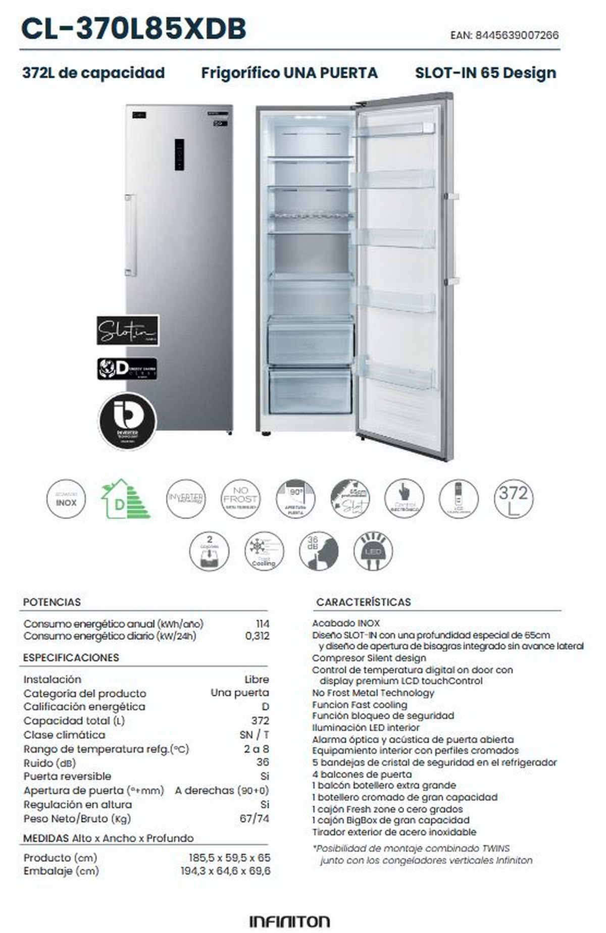 Frigorífico de acero inoxidable, 372L, una puerta, diseño SLOT-IN.