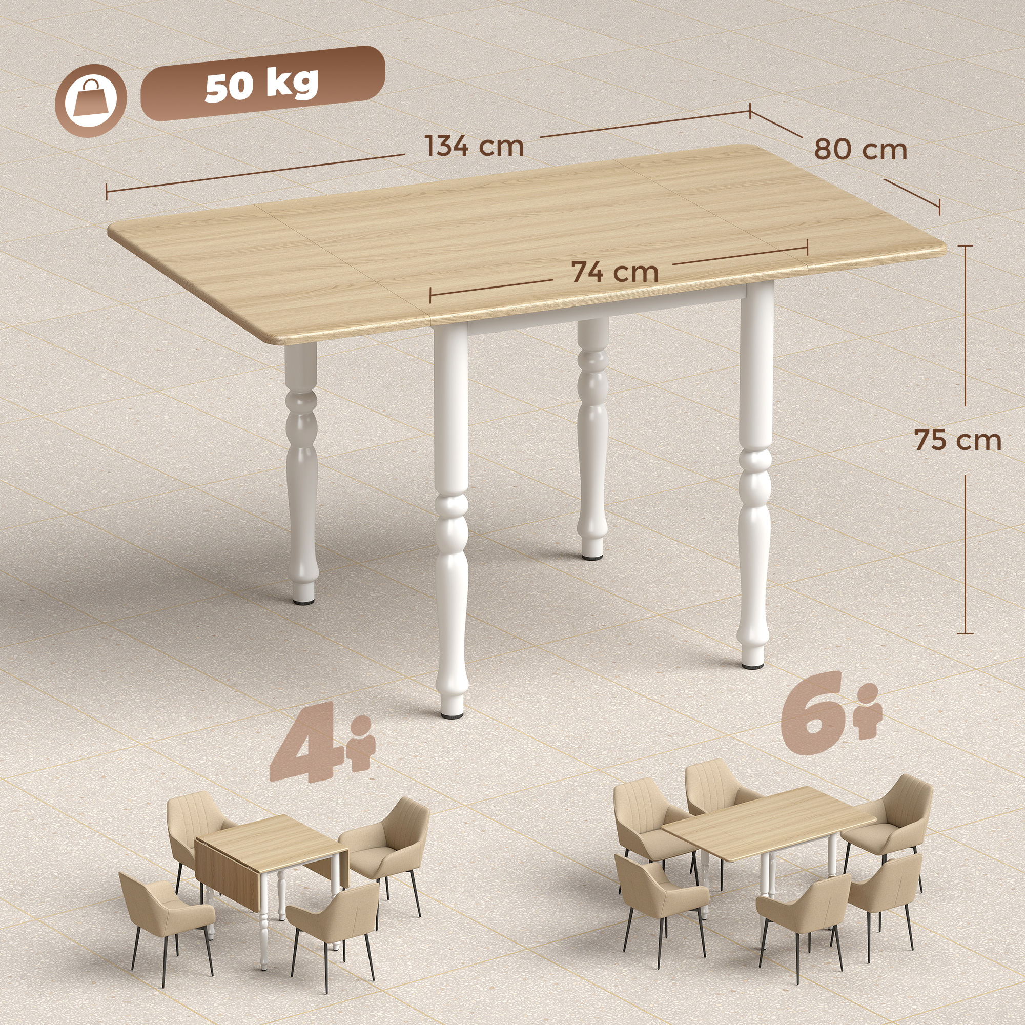 Tavolo in legno allungabile (134x80x75cm), 50kg, con 4 o 6 sedie.
