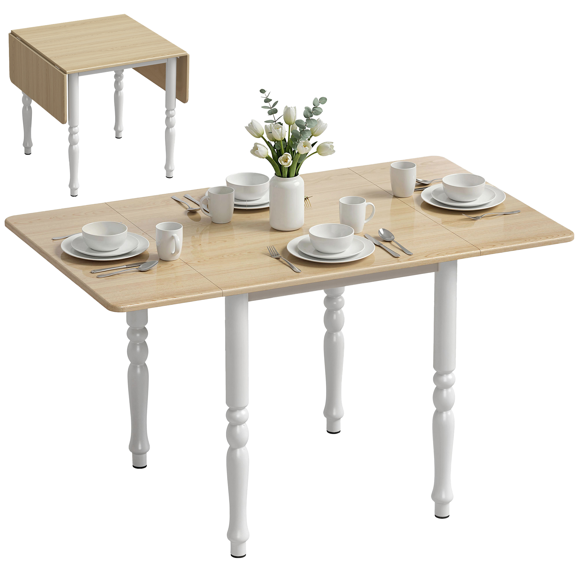 Tavolo in legno ribaltabile con gambe bianche, apparecchiato per quattro con fiori.