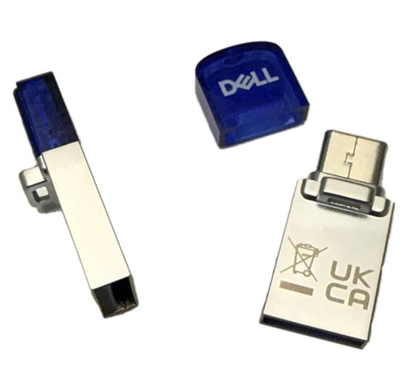 Tre chiavette USB: una con cappuccio blu, una con logo Dell, una con marchio UKCA.