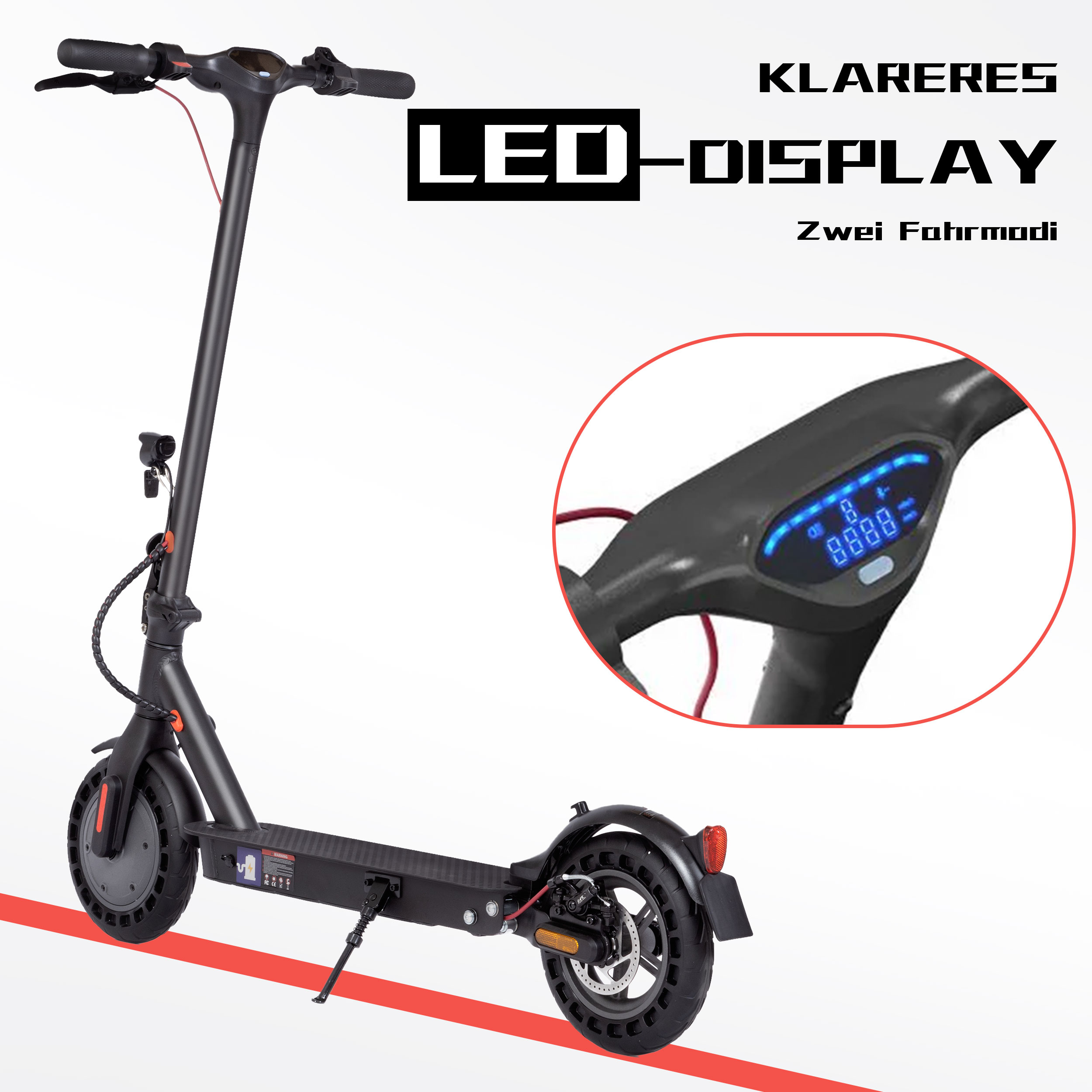 Schwarzer Elektroroller mit blauem LED-Display und roten Akzenten.