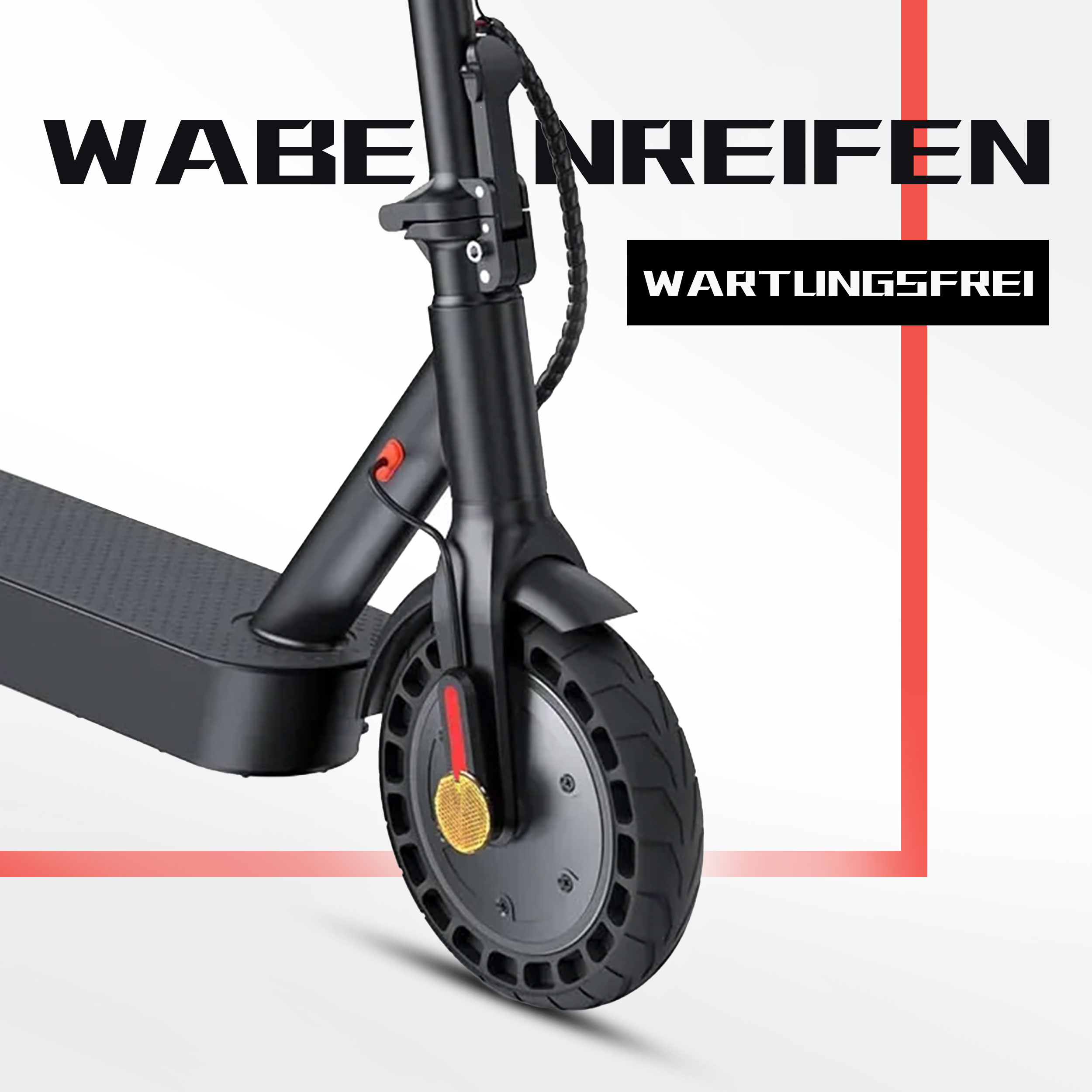 Schwarzer Elektroroller mit Wabenreifen und "WARTUNGSFREI"-Aufschrift.