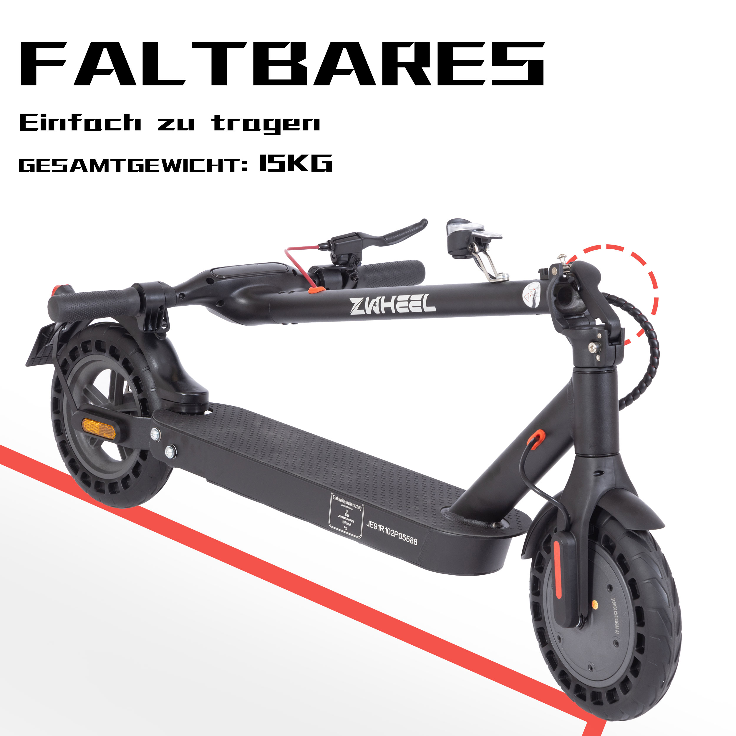 Ein schwarzer Elektroroller mit dem Text FALTBARES