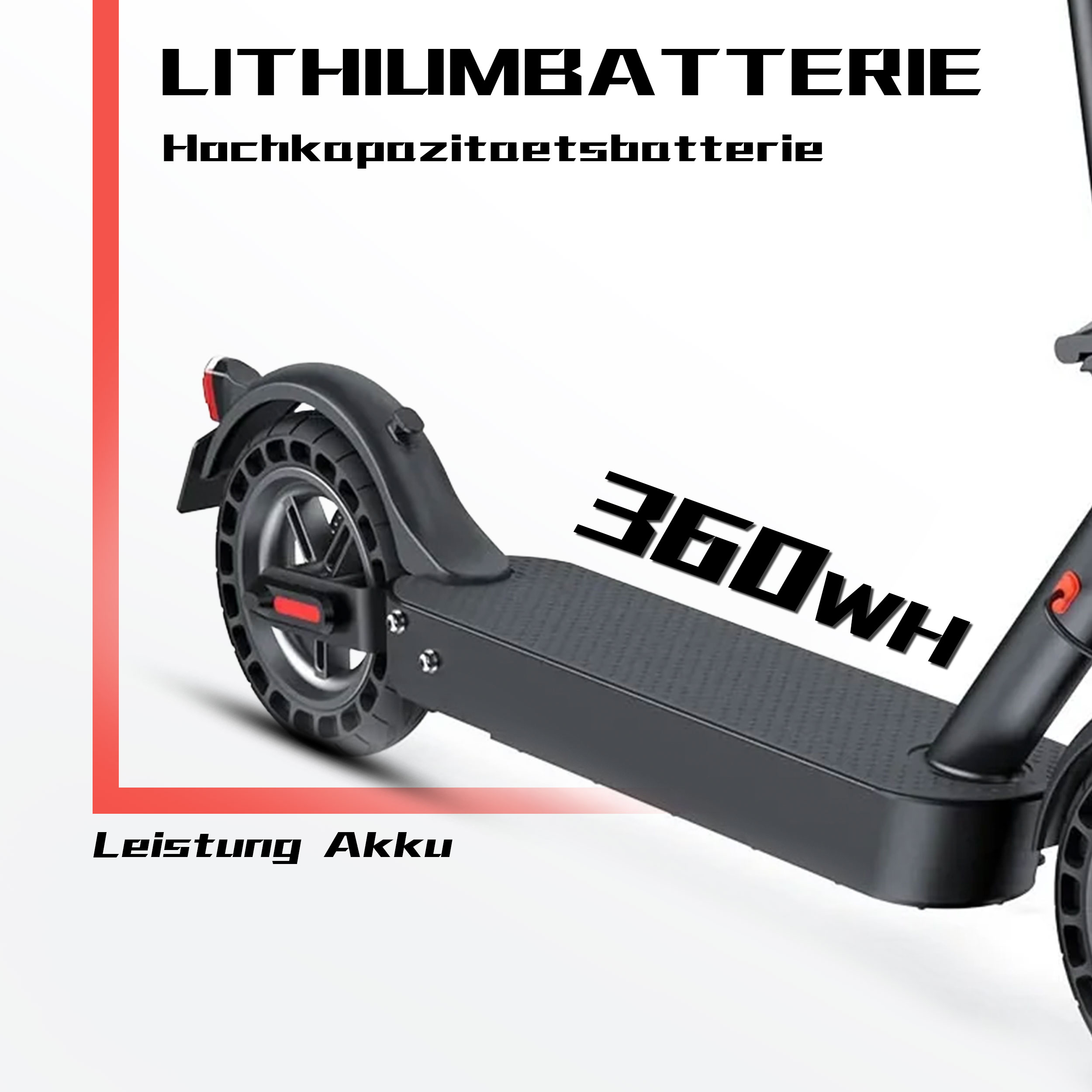 Schwarzer Elektroroller mit 360Wh Batterie. Text: Lithiumbatterie.