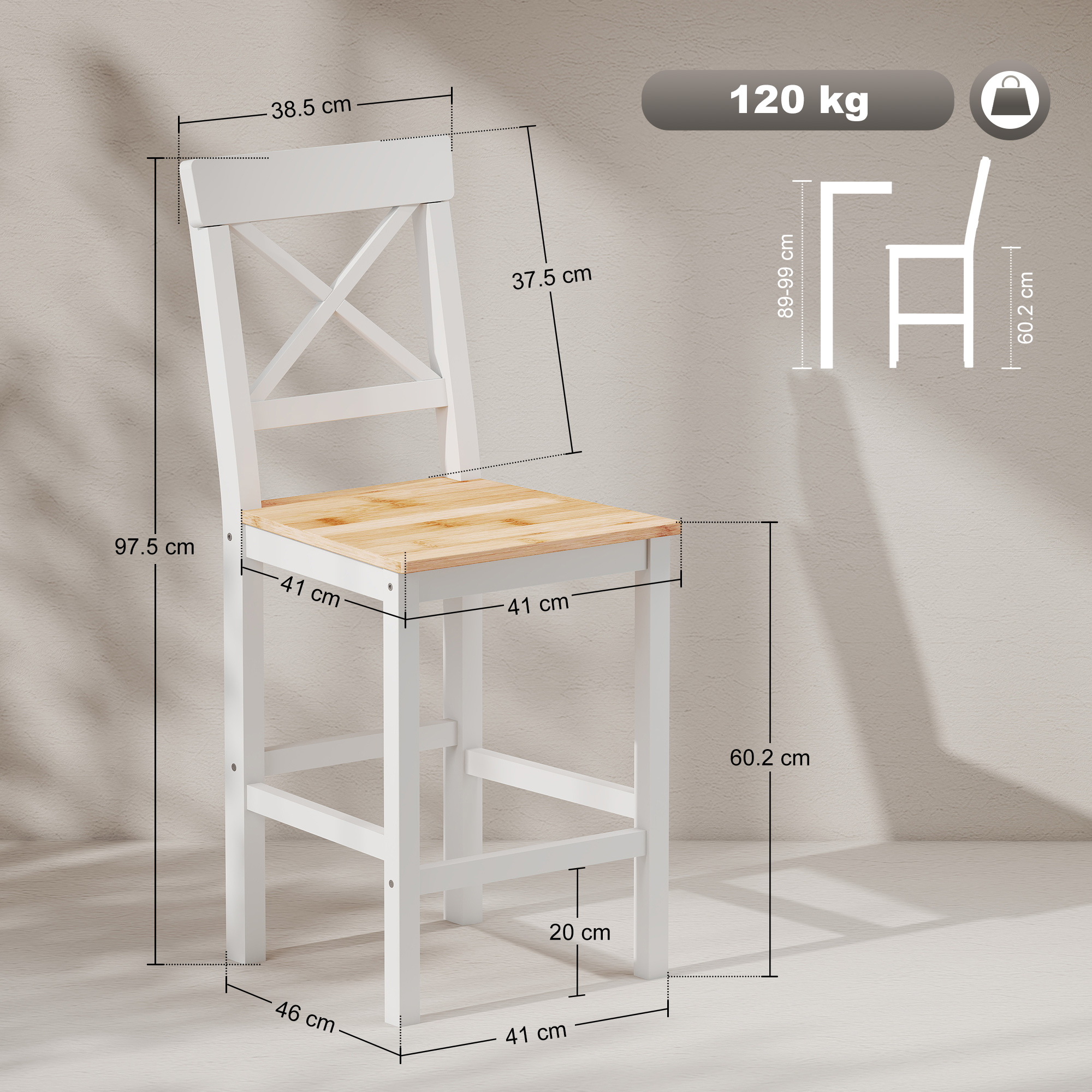 Sgabello da bar bianco con seduta in legno, dimensioni indicate.