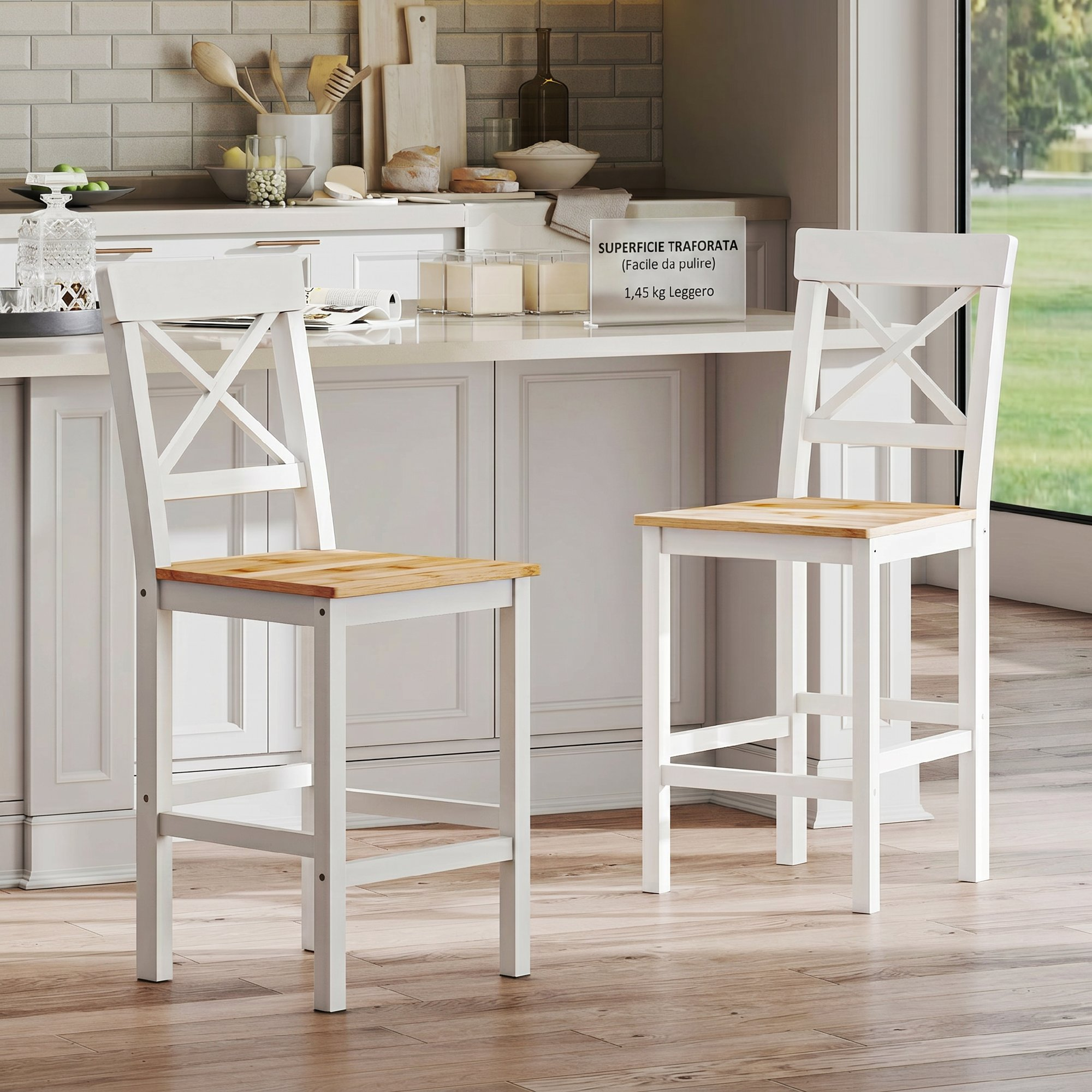 Due sgabelli da bar bianchi con sedute in legno in una cucina moderna.