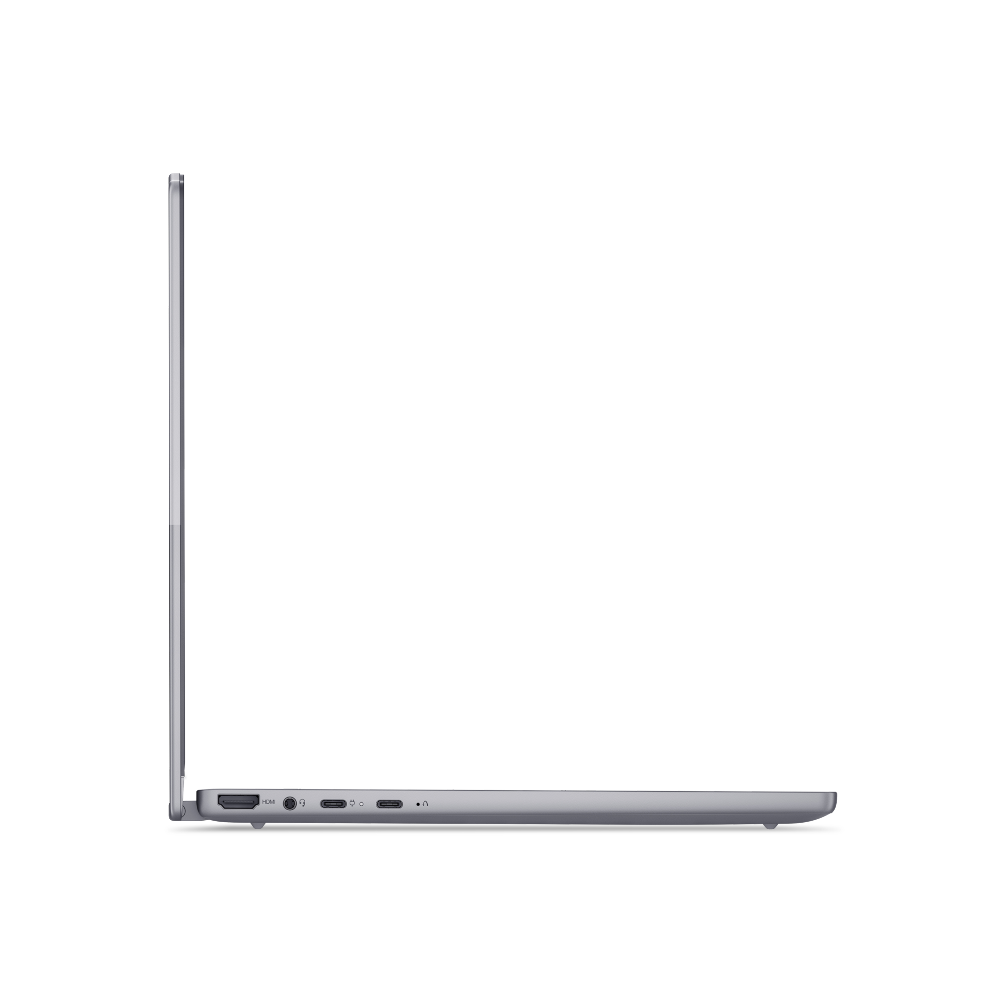 Vista lateral de un portátil gris que muestra puertos HDMI, auriculares y USB-C.