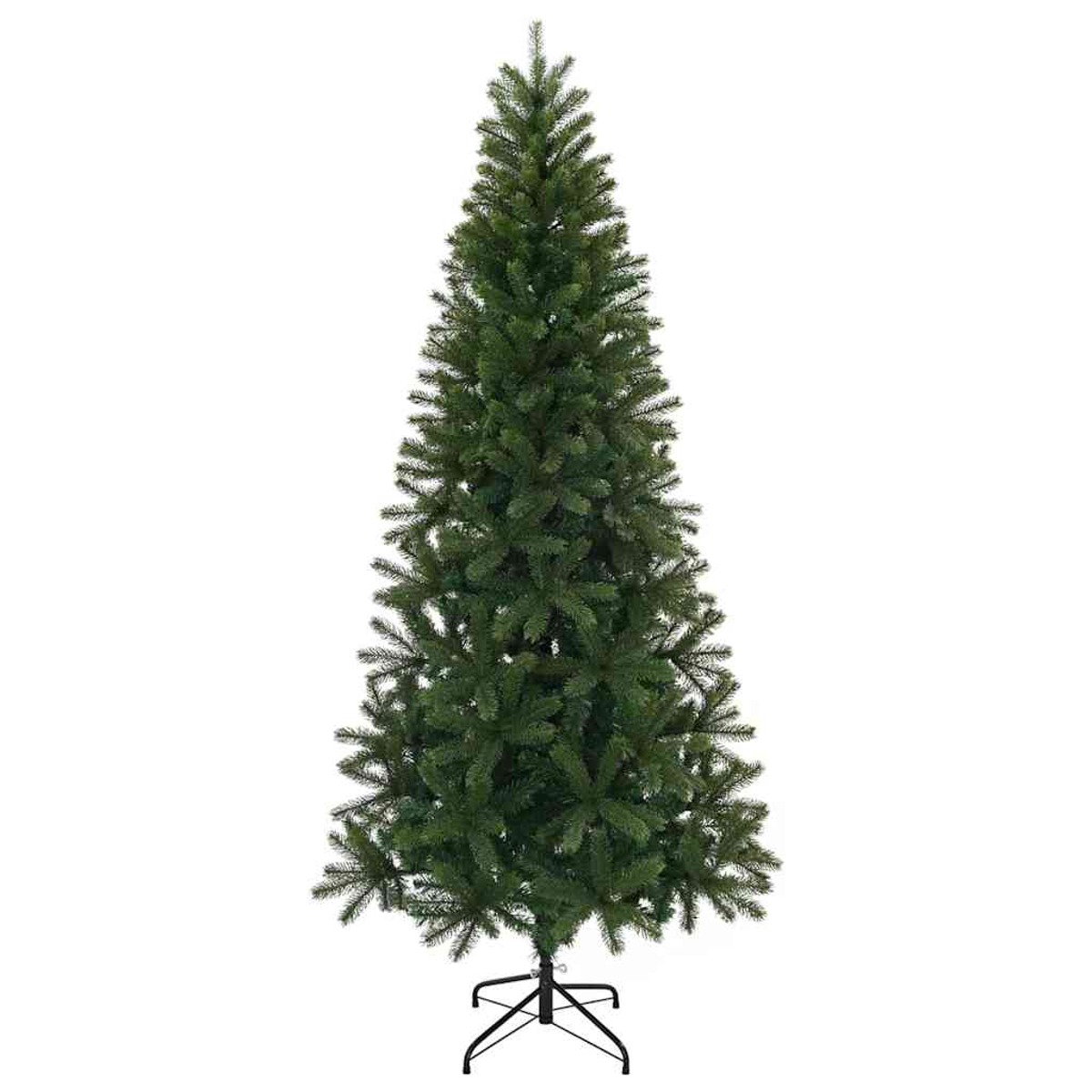Un albero di Natale artificiale verde su un supporto in metallo nero.