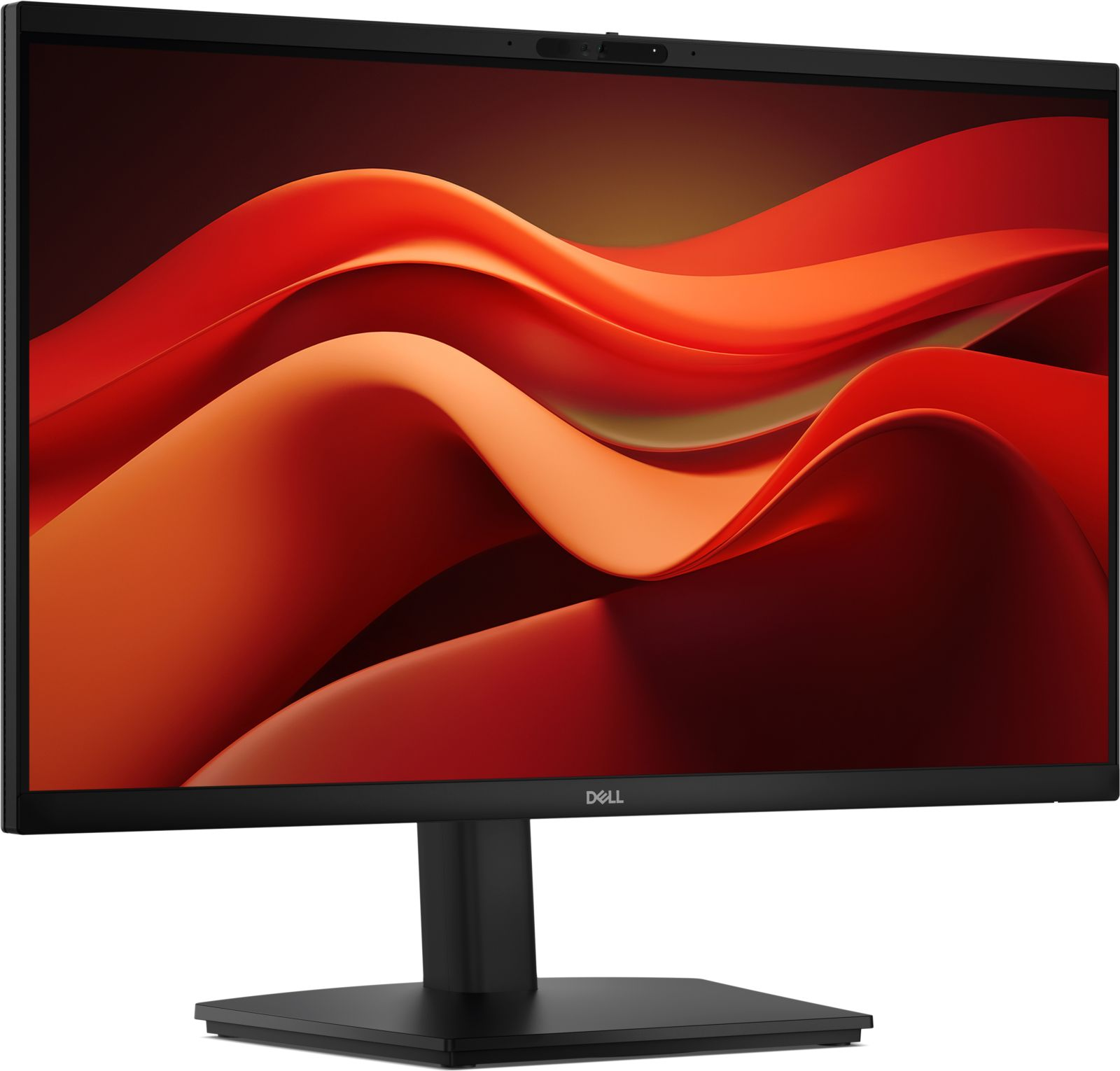 Monitor Dell nero con sfondo astratto arancione. Design minimalista.