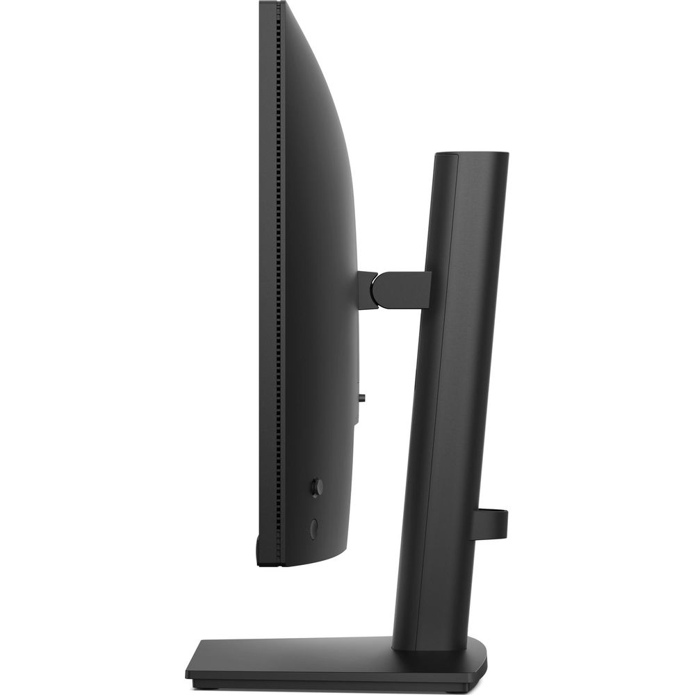 Monitor nero di profilo con supporto sottile su sfondo bianco.