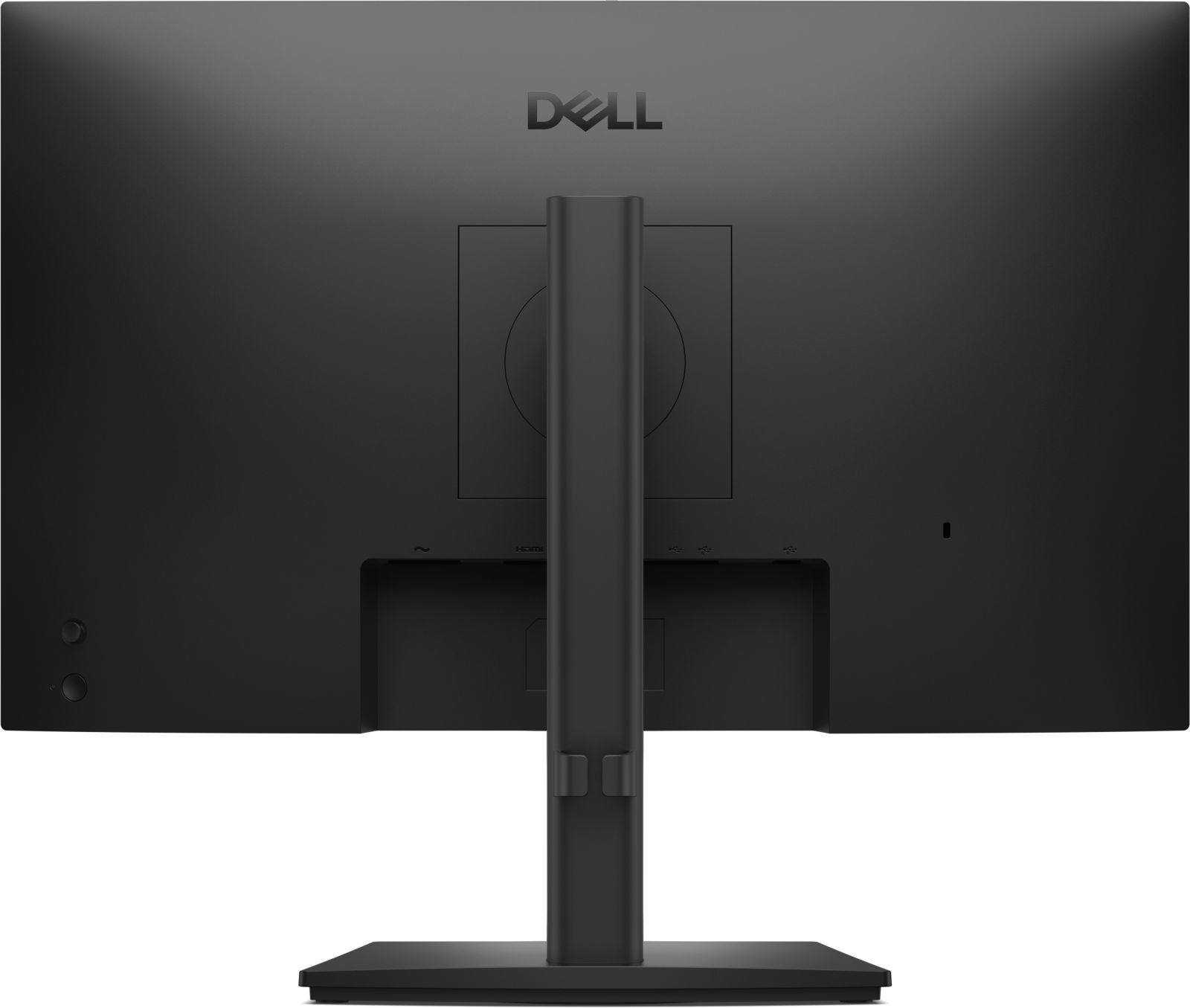 Vista posteriore di un monitor Dell nero con supporto e porte.