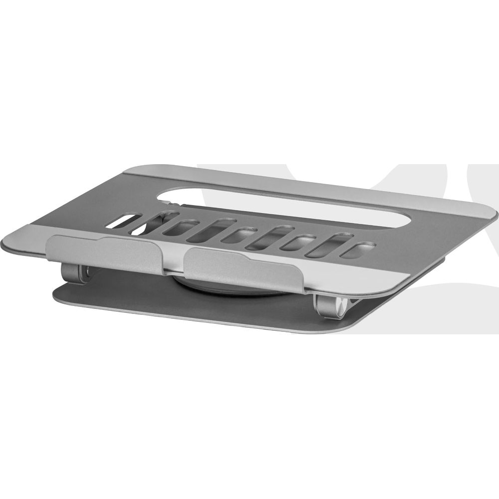 Ein grauer, verstellbarer Laptopständer mit Lüftungsschlitzen.