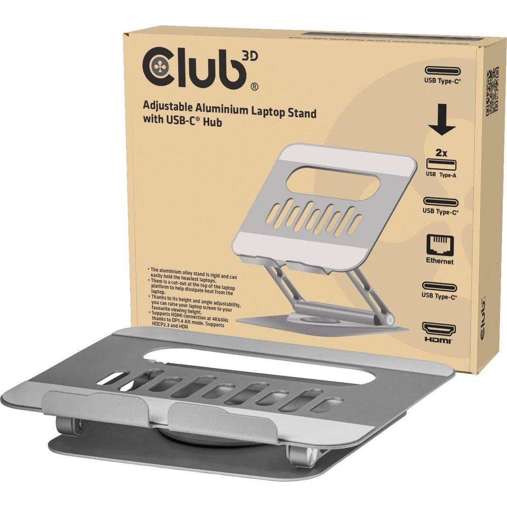 Verstellbarer Aluminium-Laptopständer mit USB-C Hub und Anschlüssen.