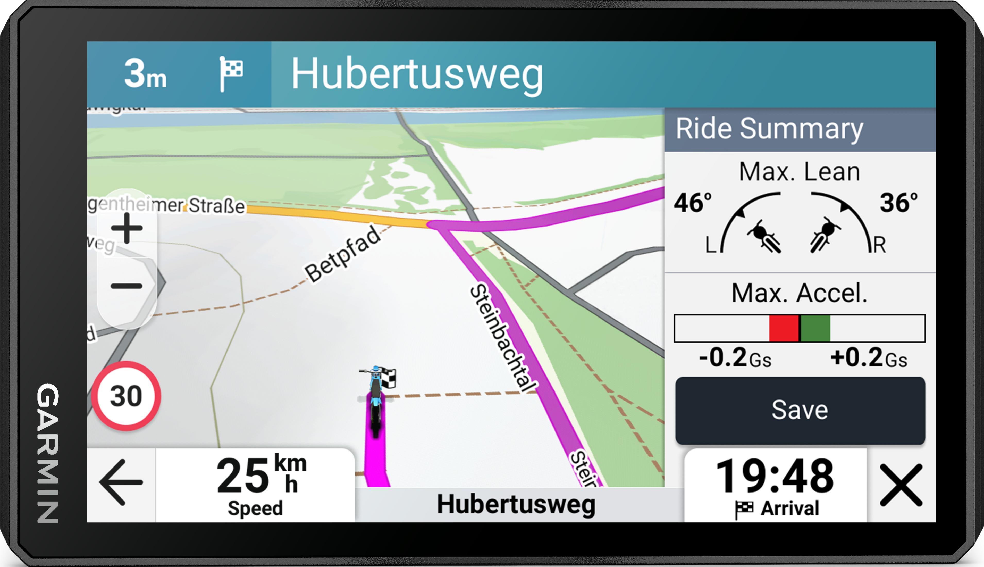 Navigationsgerät zeigt Karte, Geschwindigkeit 25 km/h, und Fahrzusammenfassung.