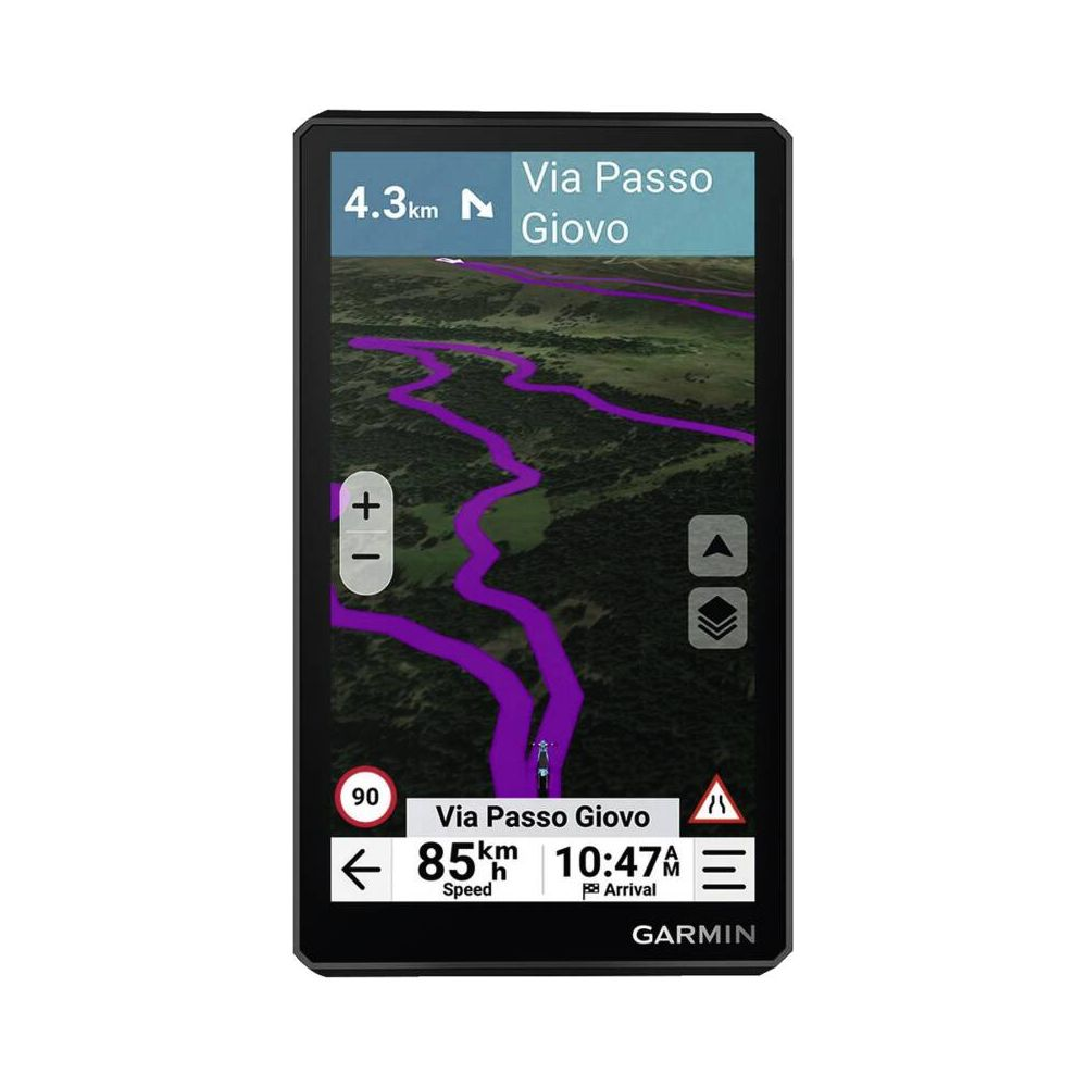 GPS-Gerät zeigt Route Via Passo Giovo, 4,3 km, 85 km/h, 10:47 Ankunft.