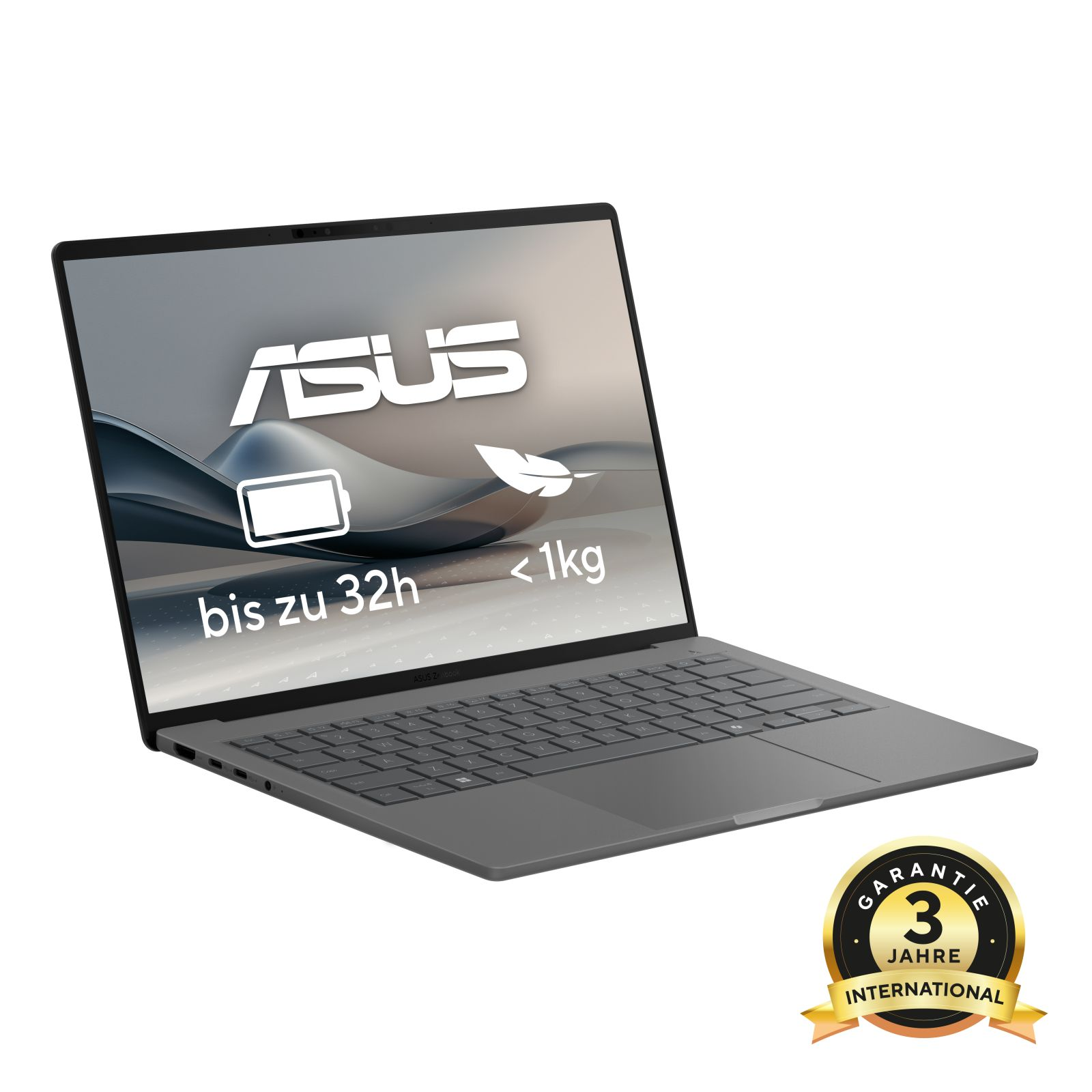 Portátil Asus gris con 32h de batería y menos de 1kg de peso.