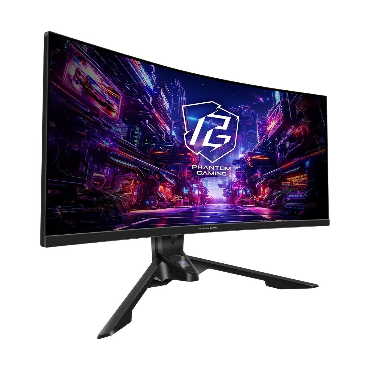 Un monitor da gioco curvo con uno sfondo futuristico cyberpunk.