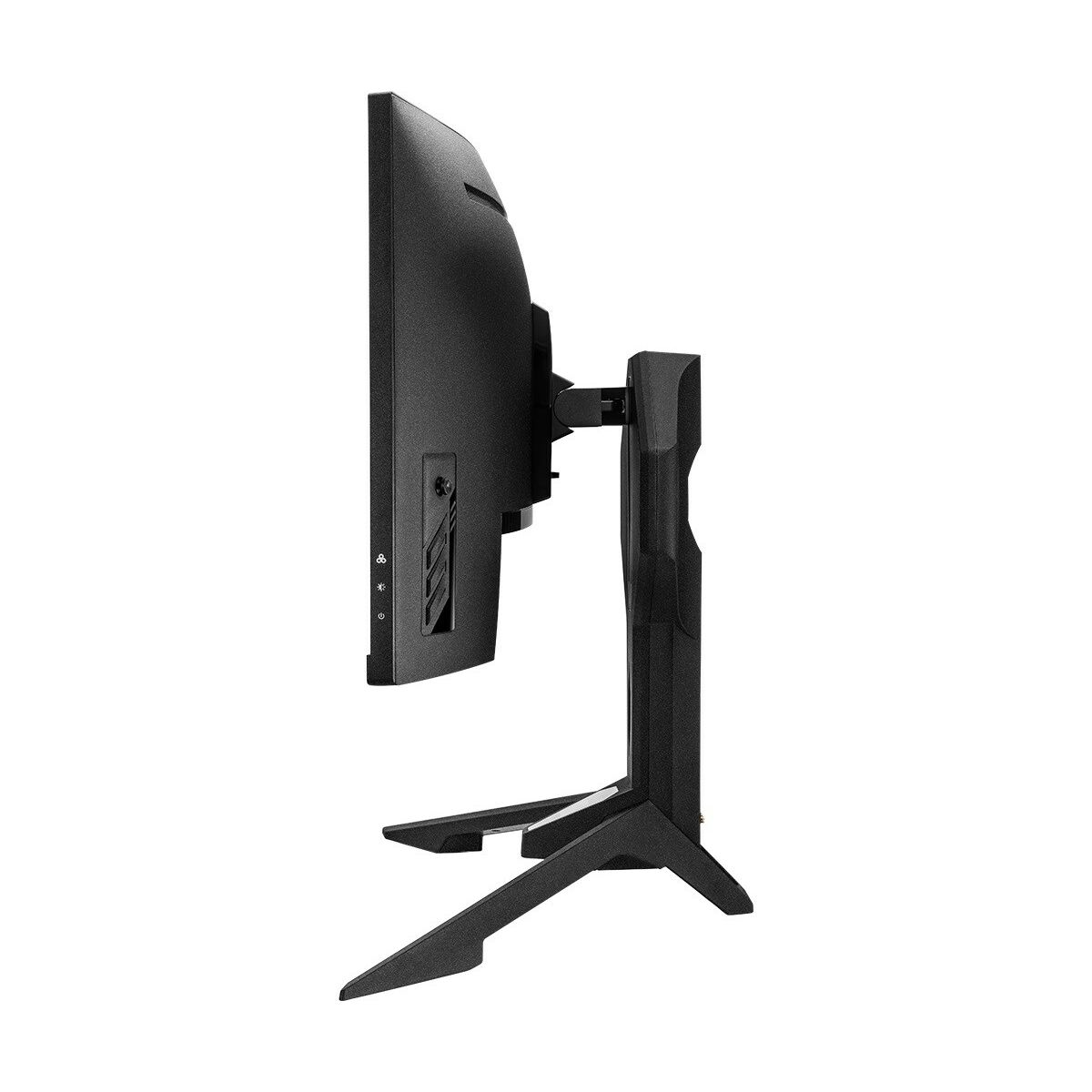 Monitor per computer nero con supporto girevole, vista laterale.