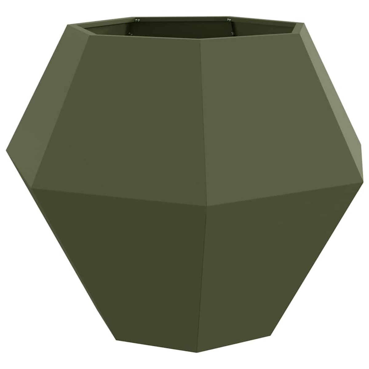 Un fioriera poligonale verde scuro di forma geometrica.