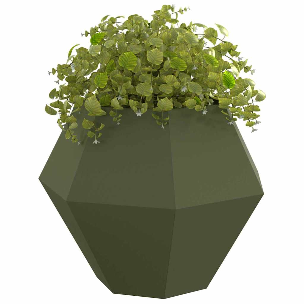 Un fioriera geometrica verde con fogliame verde lussureggiante e minuscoli fiori bianchi.