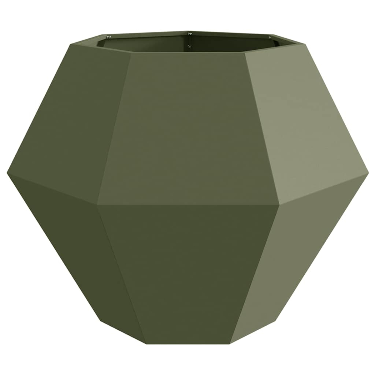Un fioriera sfaccettata, esagonale e verde scuro.