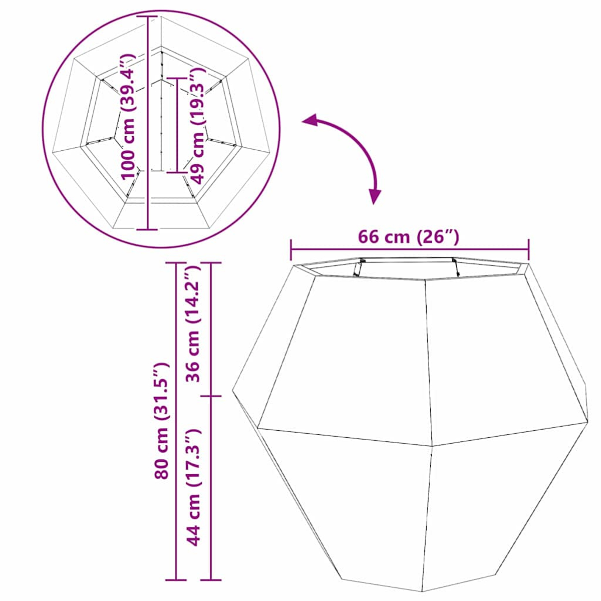 Diagramma di un fioriera geometrica con dimensioni: altezza 80 cm, larghezza 66 cm.