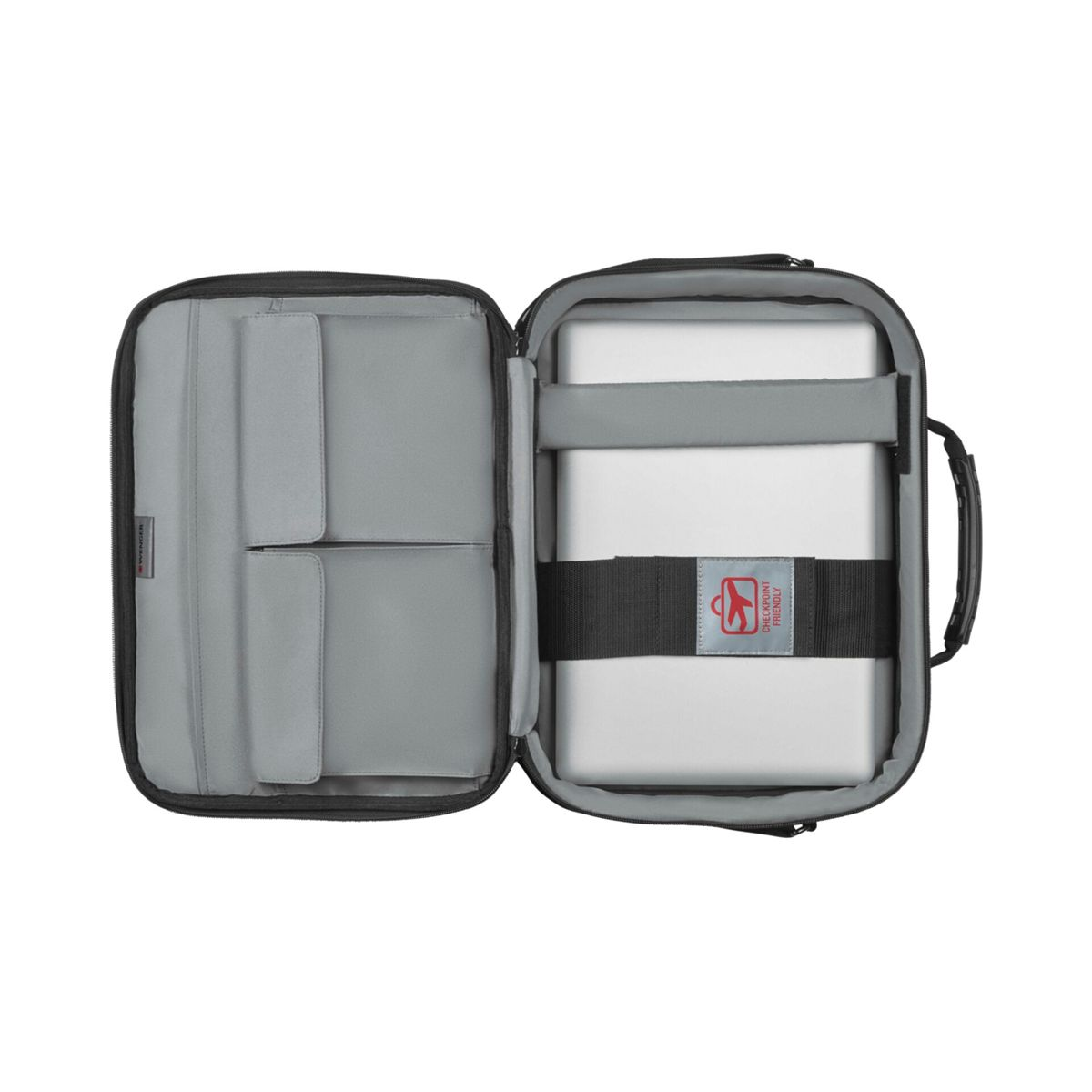 Borsa per laptop aperta con laptop e scomparti. Nero con imbottitura grigia.