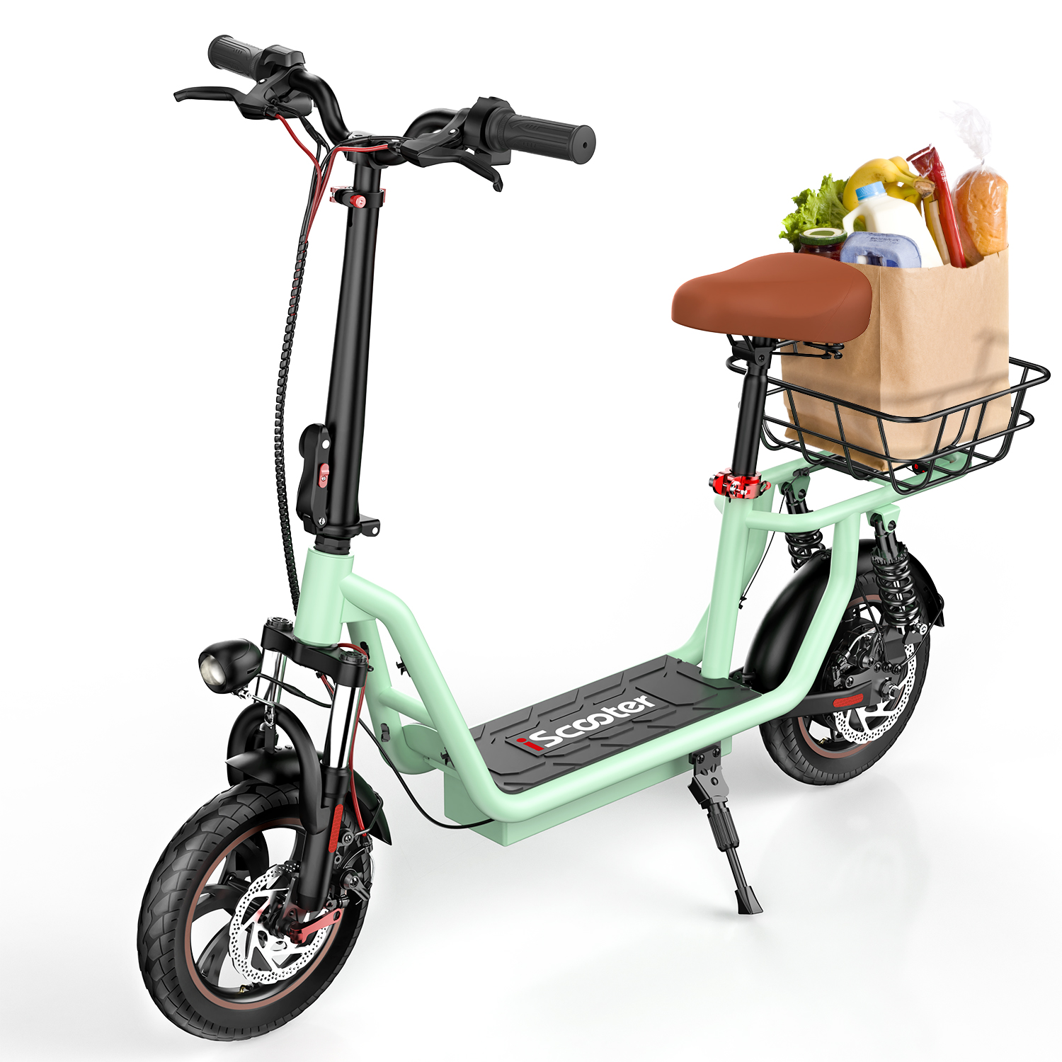 Uno scooter elettrico verde menta con sella marrone e borsa della spesa.