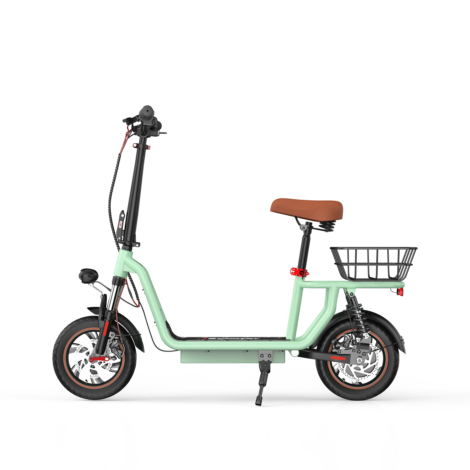 Uno scooter elettrico verde menta con sedile in pelle marrone e cestino nero.