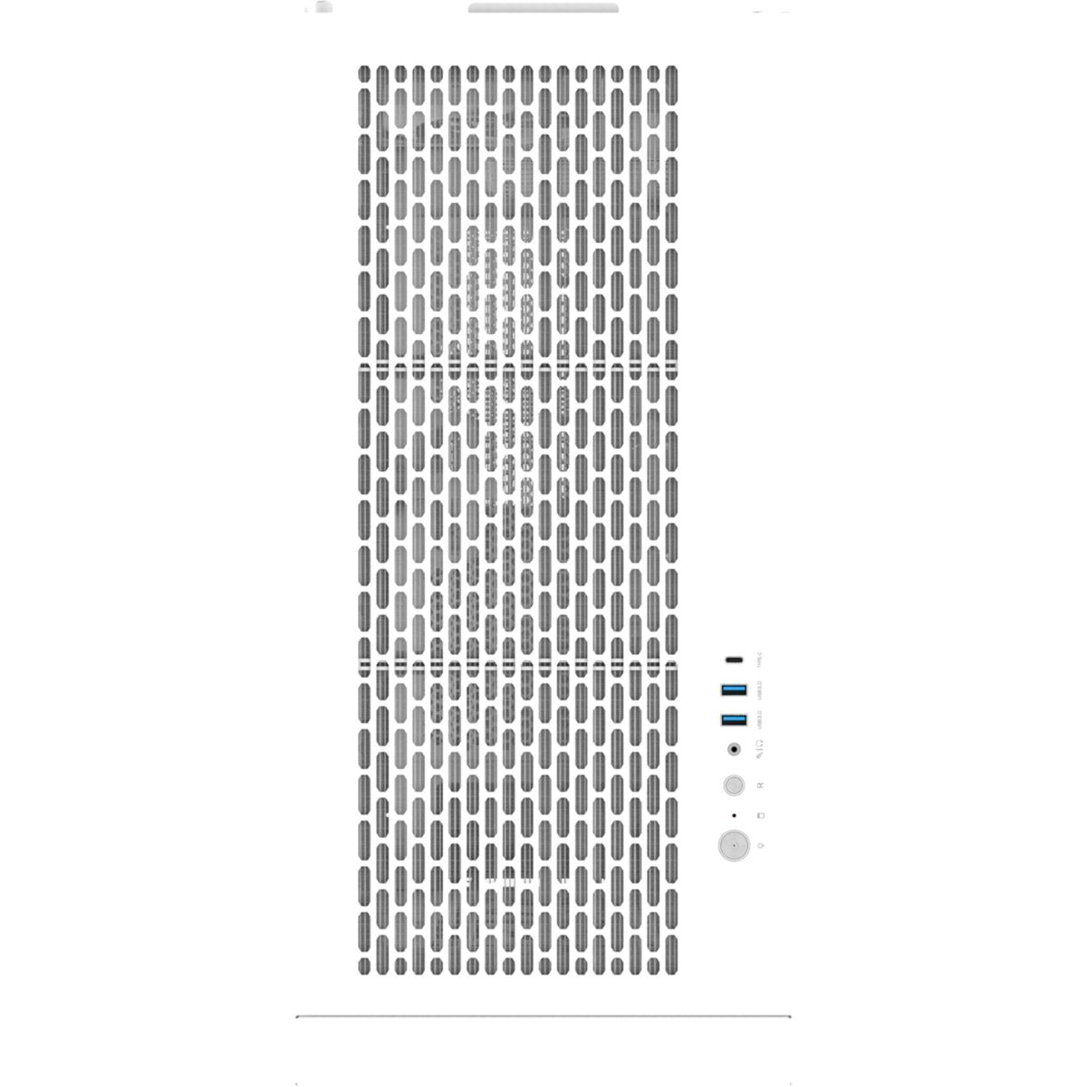 Tower bianco del computer con pannello frontale perforato e porte I/O sul lato destro.