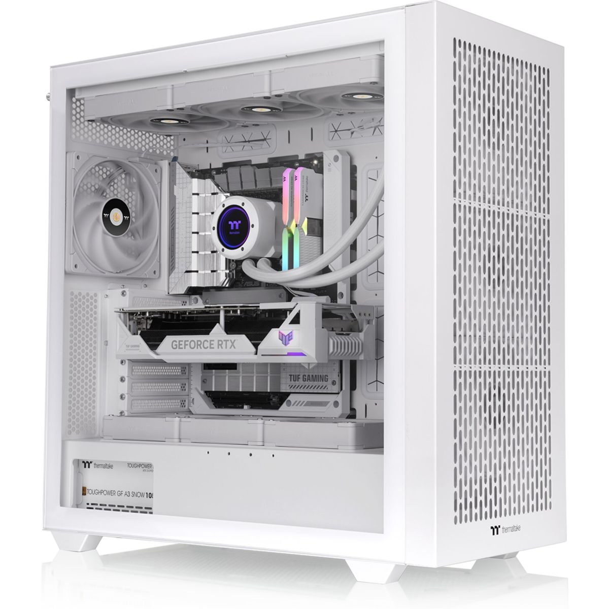 Un case PC bianco con illuminazione RGB e scheda grafica RTX.