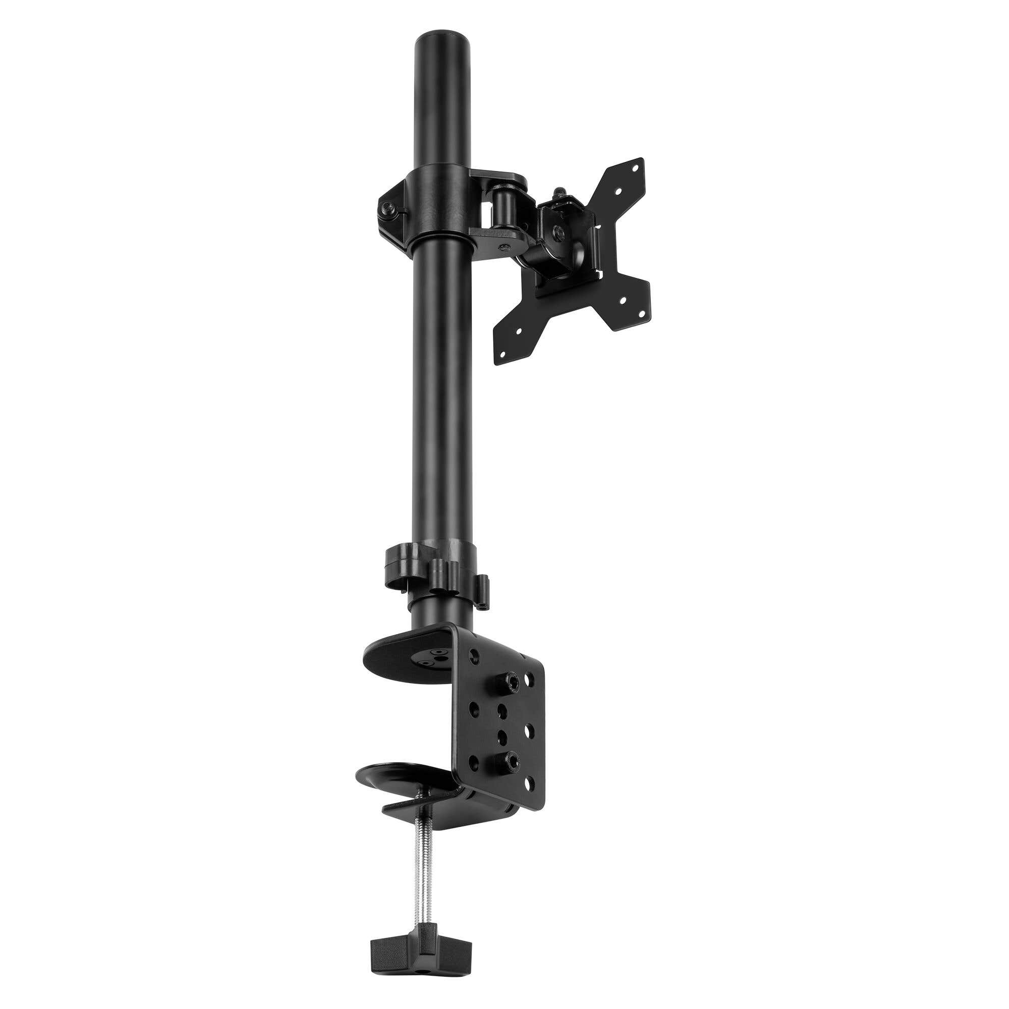 Brazo de monitor negro con abrazadera de escritorio y soporte VESA, aislado sobre fondo blanco.