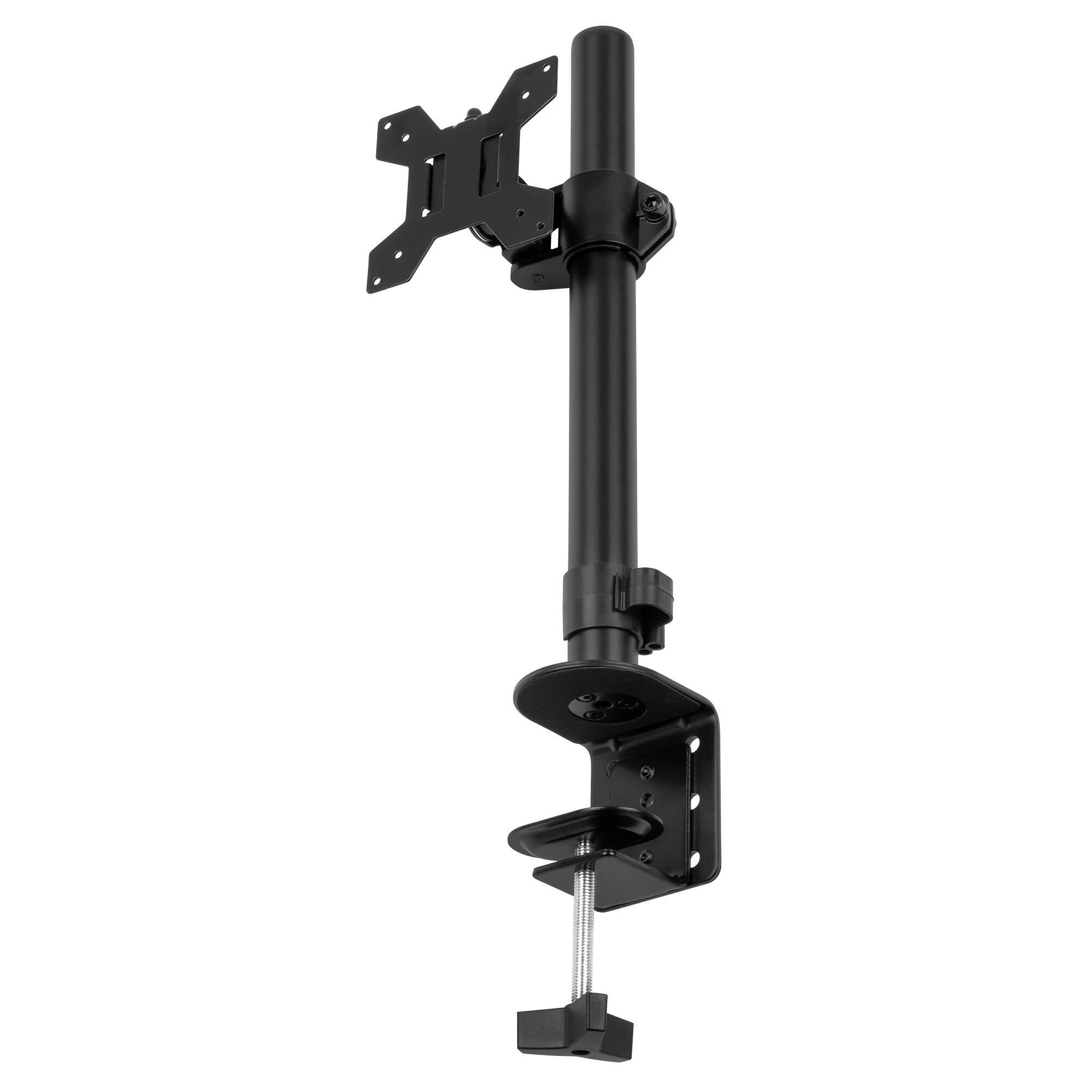 Brazo de monitor negro con abrazadera de escritorio y soporte VESA, aislado.