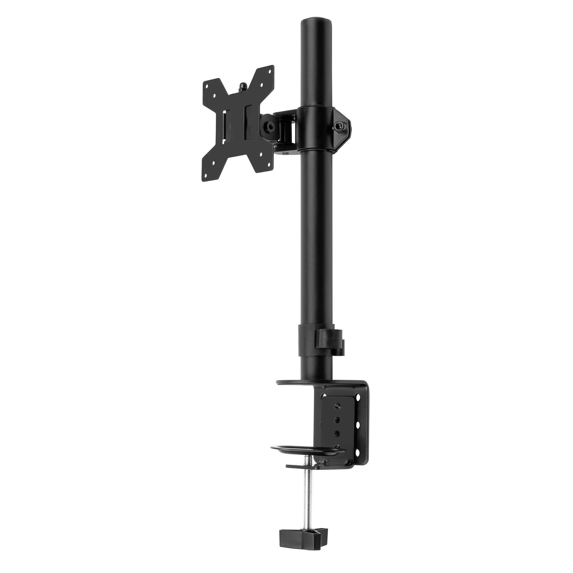 Brazo de monitor negro con abrazadera de escritorio y soporte VESA.