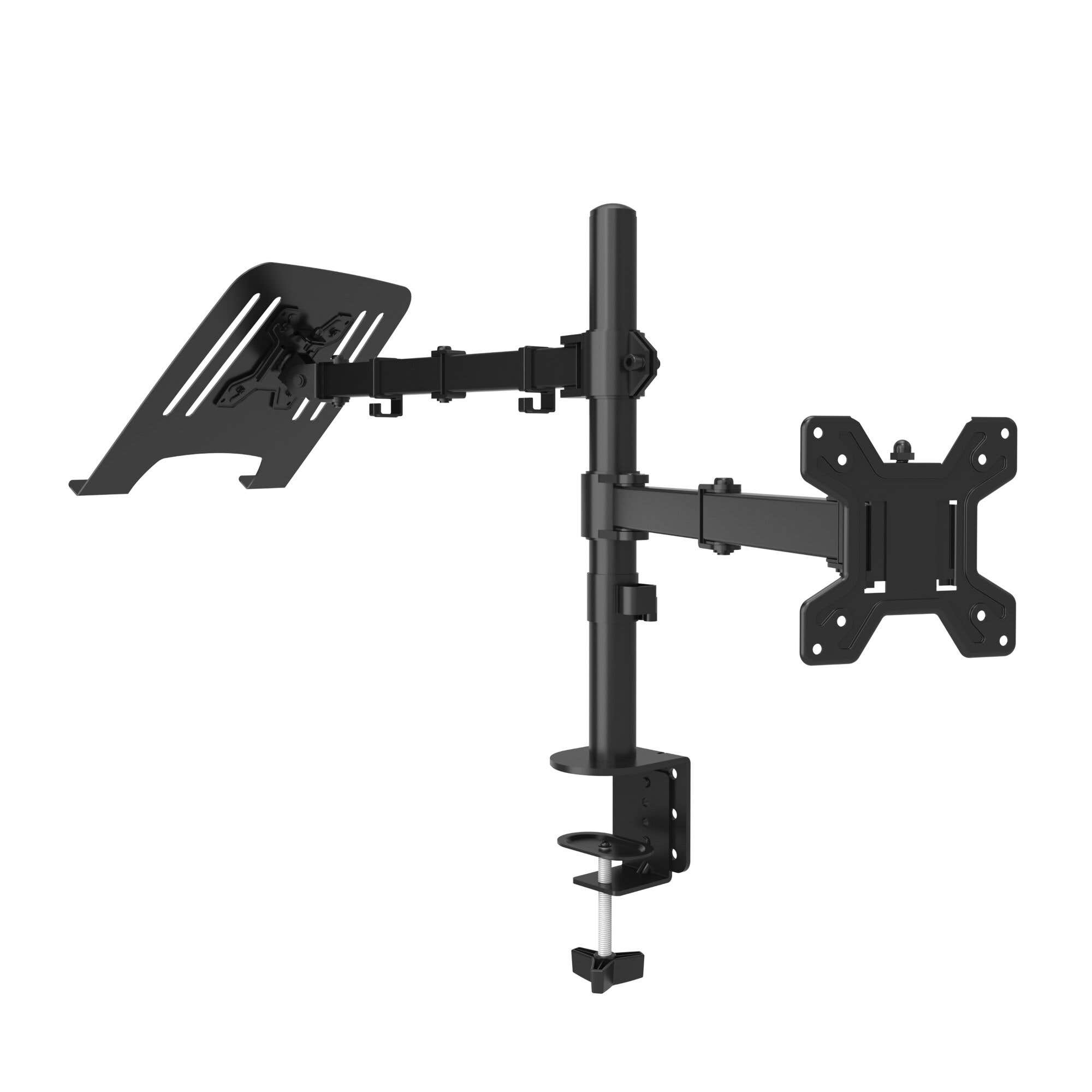 Brazo negro para portátil y monitor con base de abrazadera y brazos ajustables.