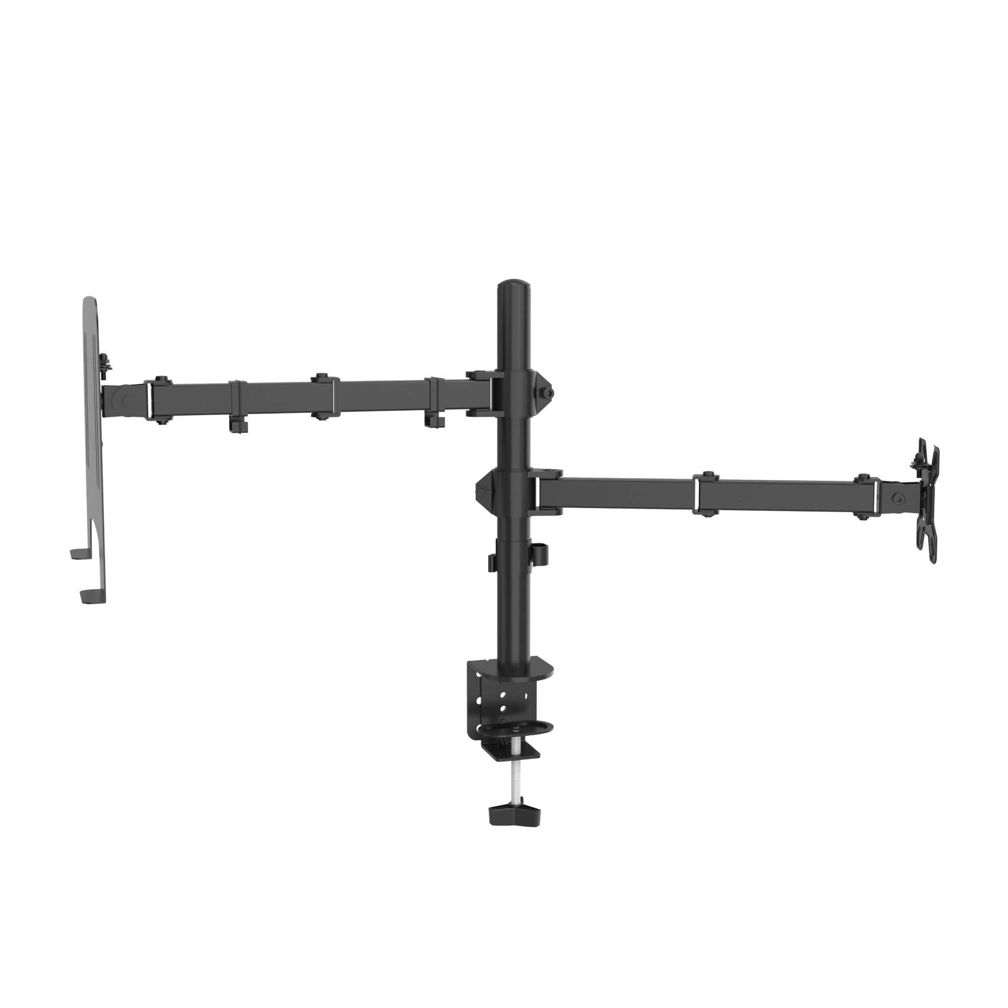 Soporte de escritorio negro para doble monitor con brazos ajustables y base de abrazadera.