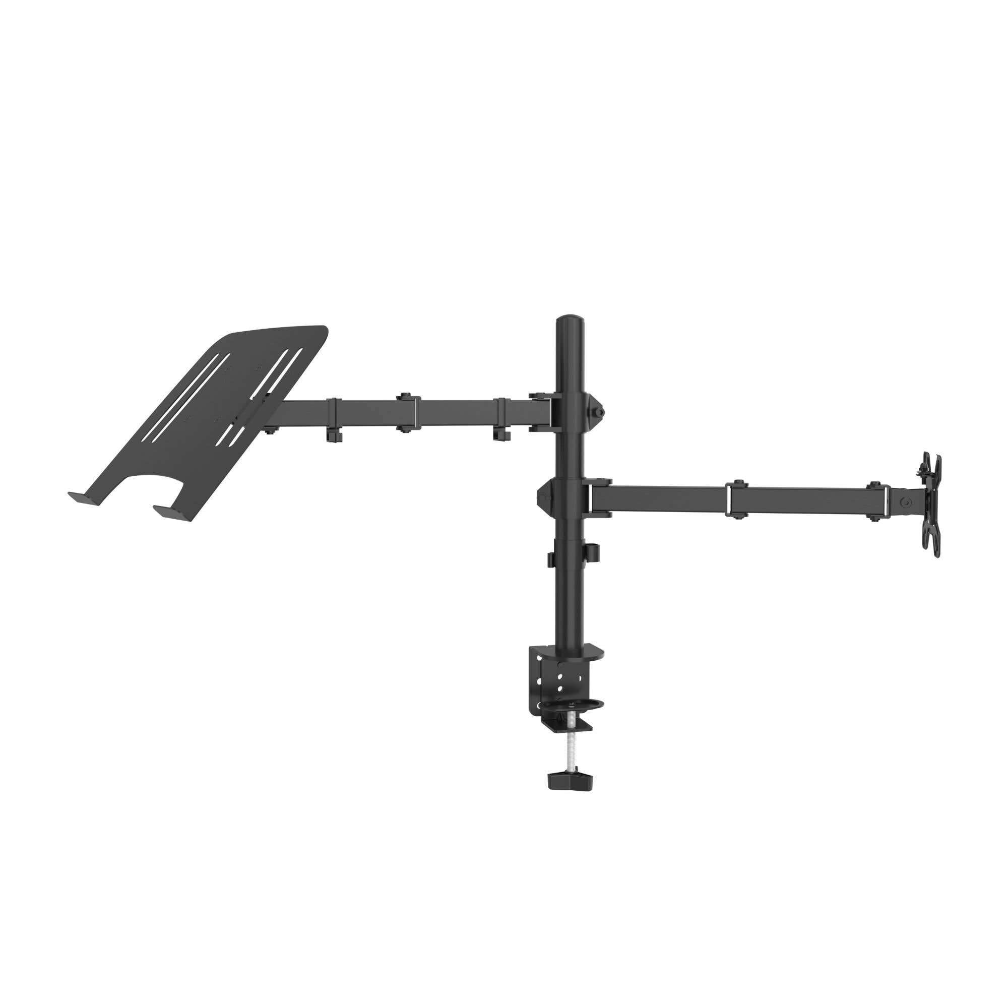 Un soporte negro ajustable para monitor y portátil con abrazadera.