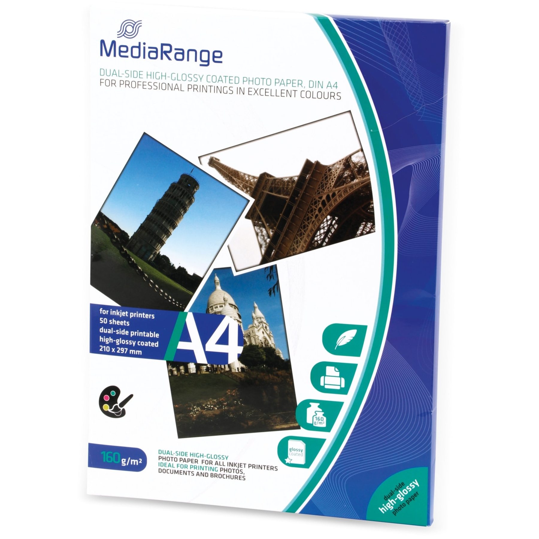 Confezione di carta fotografica lucida fronte-retro A4 MediaRange con immagini di monumenti.