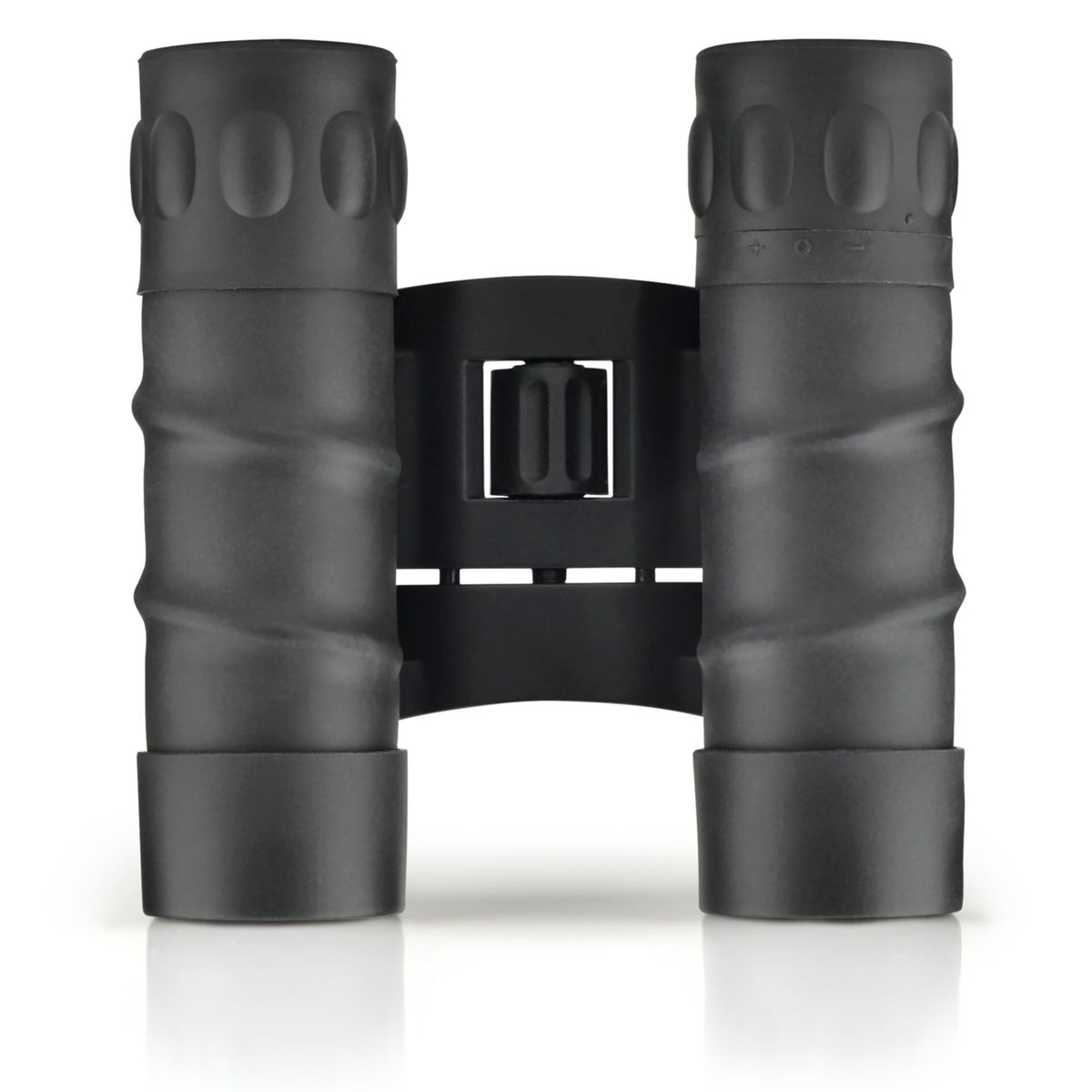 Binocolo nero su sfondo bianco con riflesso.